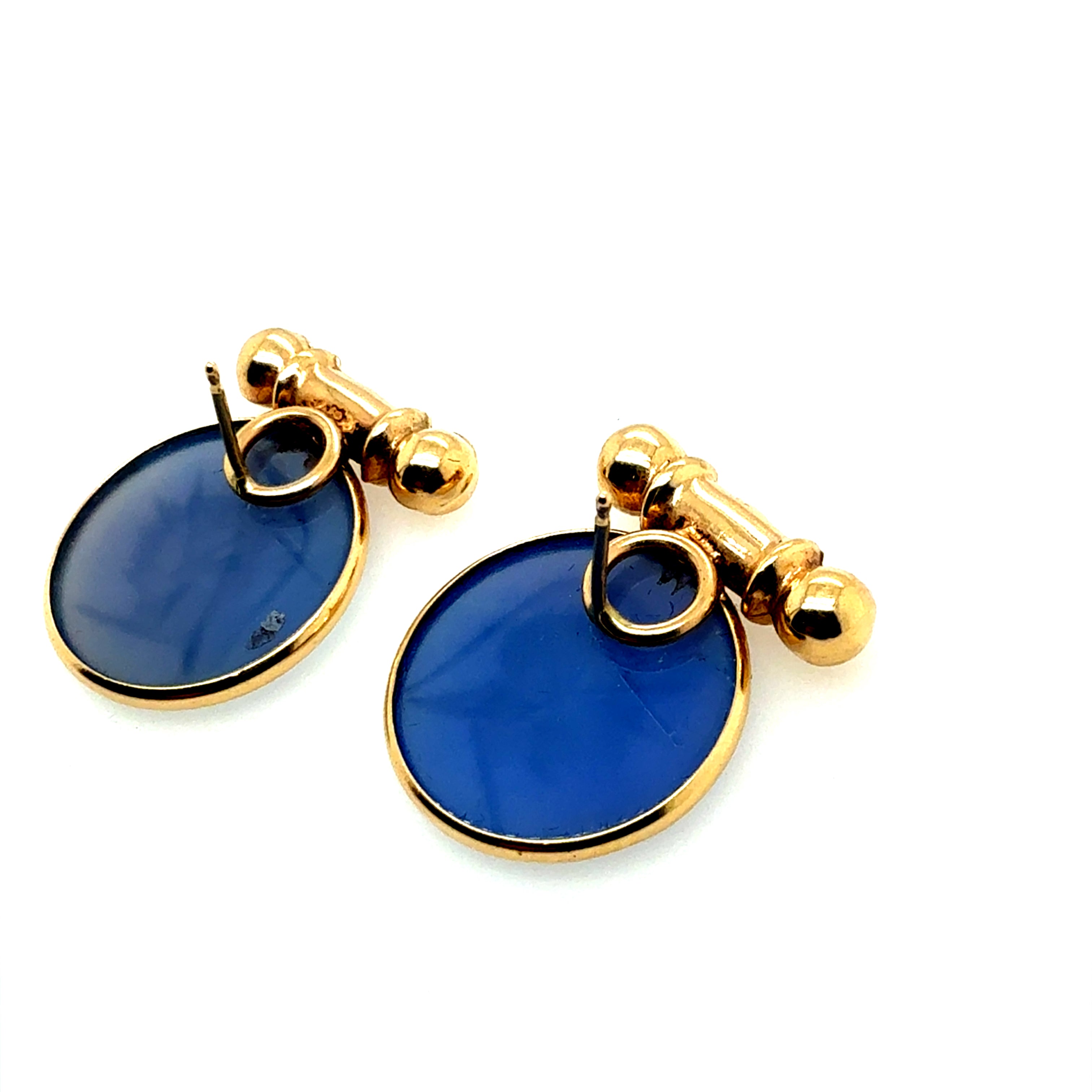 Retro Gold Earrings Bezel Set with Blue Roman Carnelian Intaglio Circa 1980