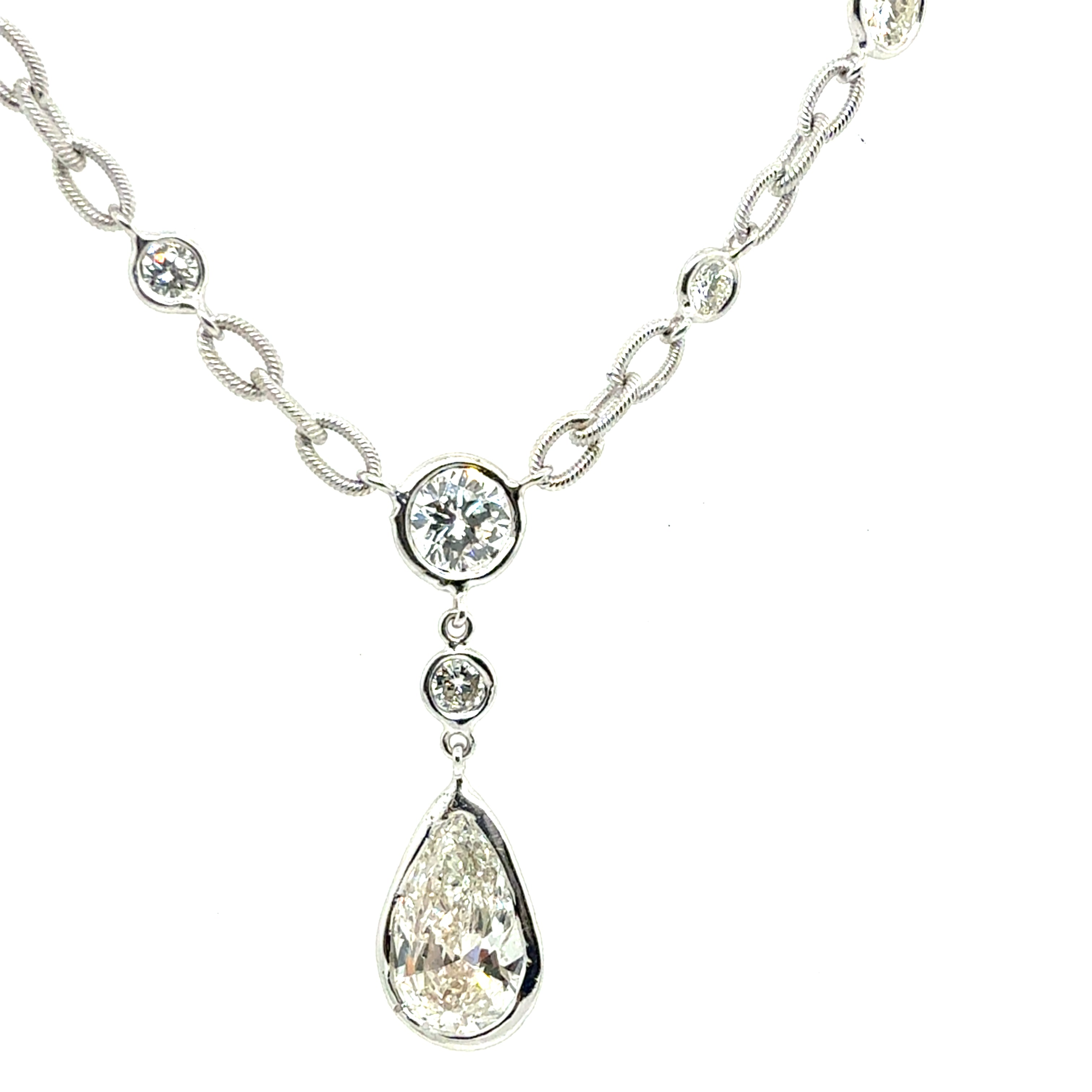 Retro Gold 3.58 Carat GIA Certified Pear & Round Natural Diamond Necklace 1990
