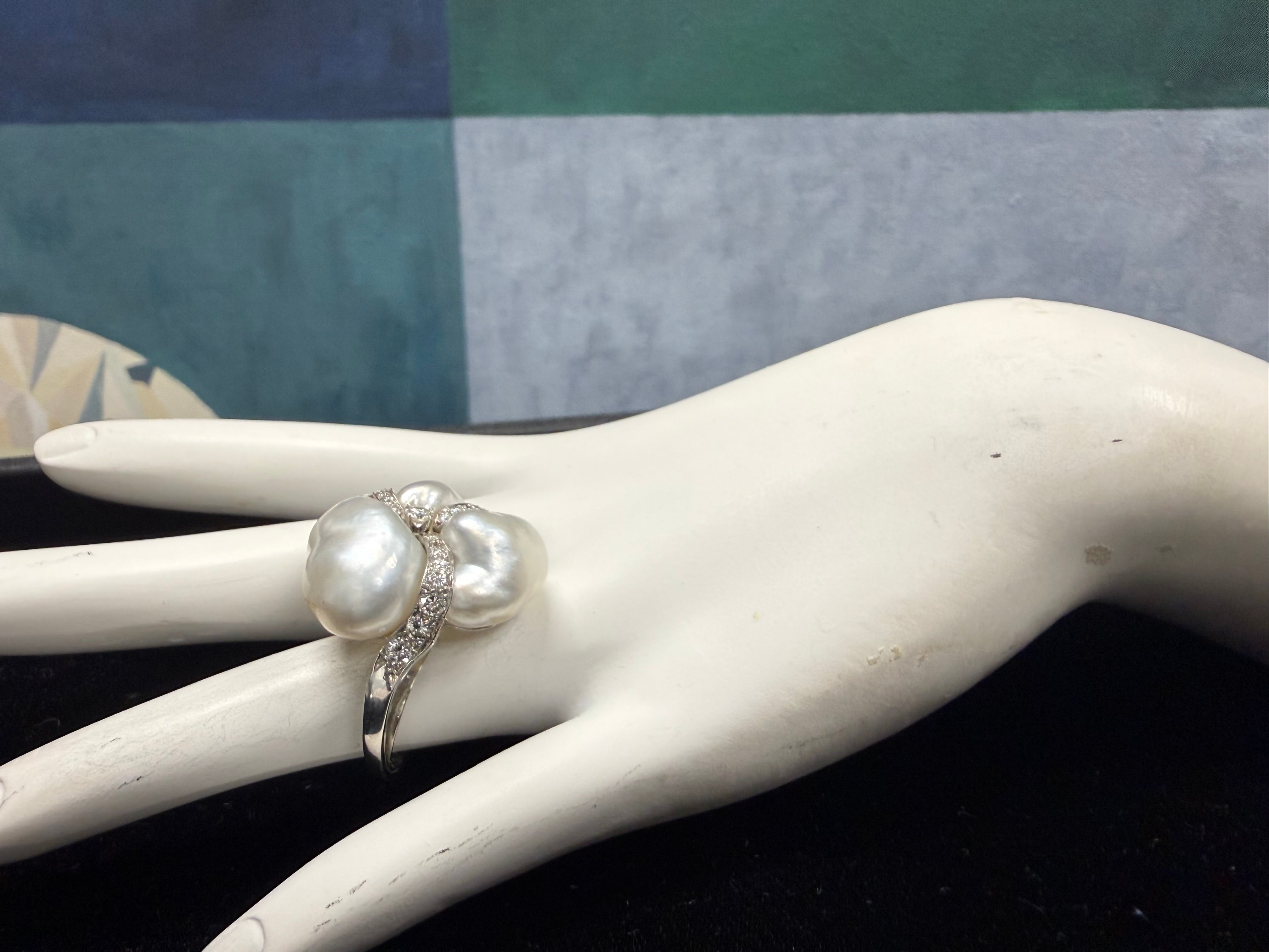 Retro Platinum 2.2 Carat Natural Diamond and Pearl Cocktail Ring Circa 1960