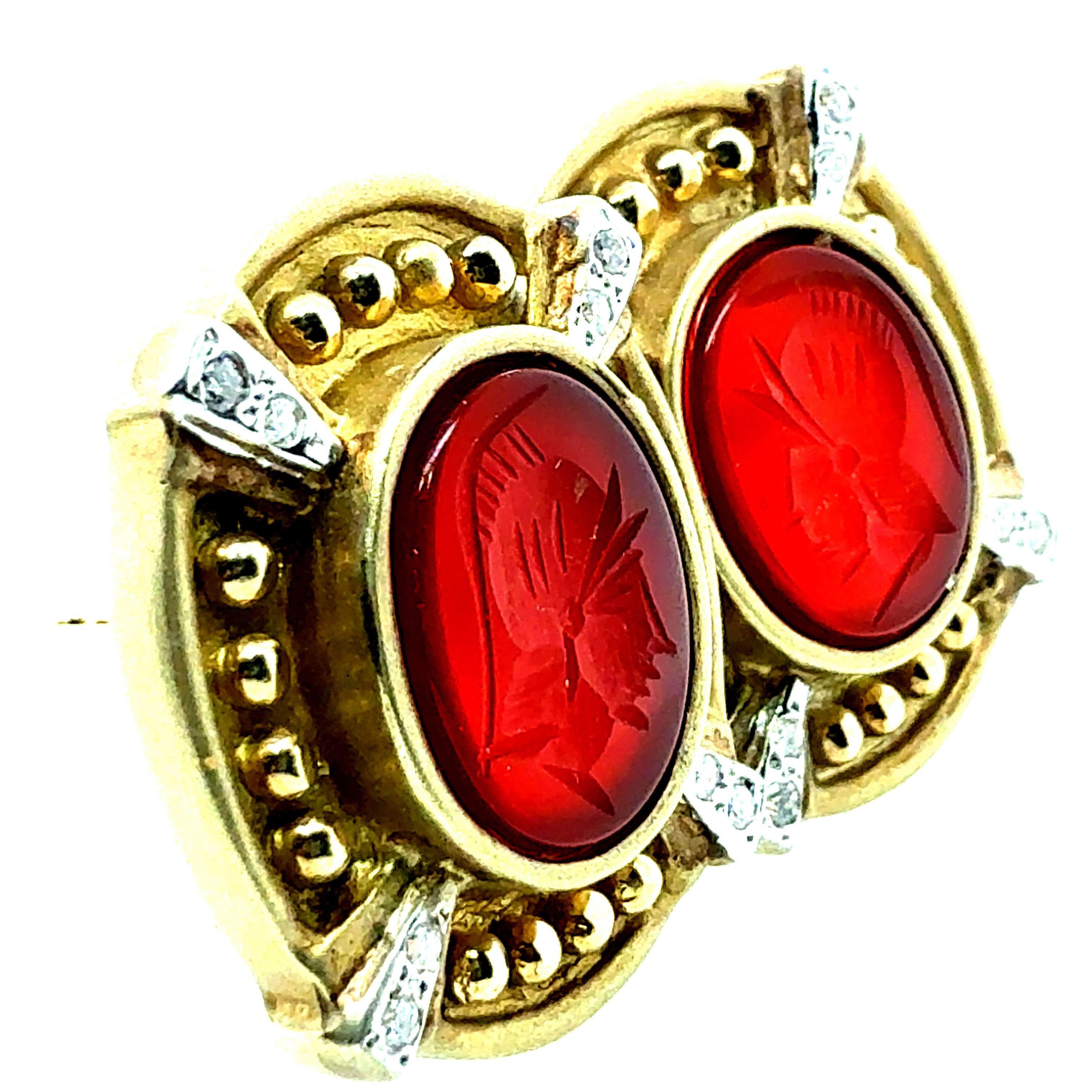 Retro Gold Natural Diamond and Roman Carnelian Intaglio Statement Earrings