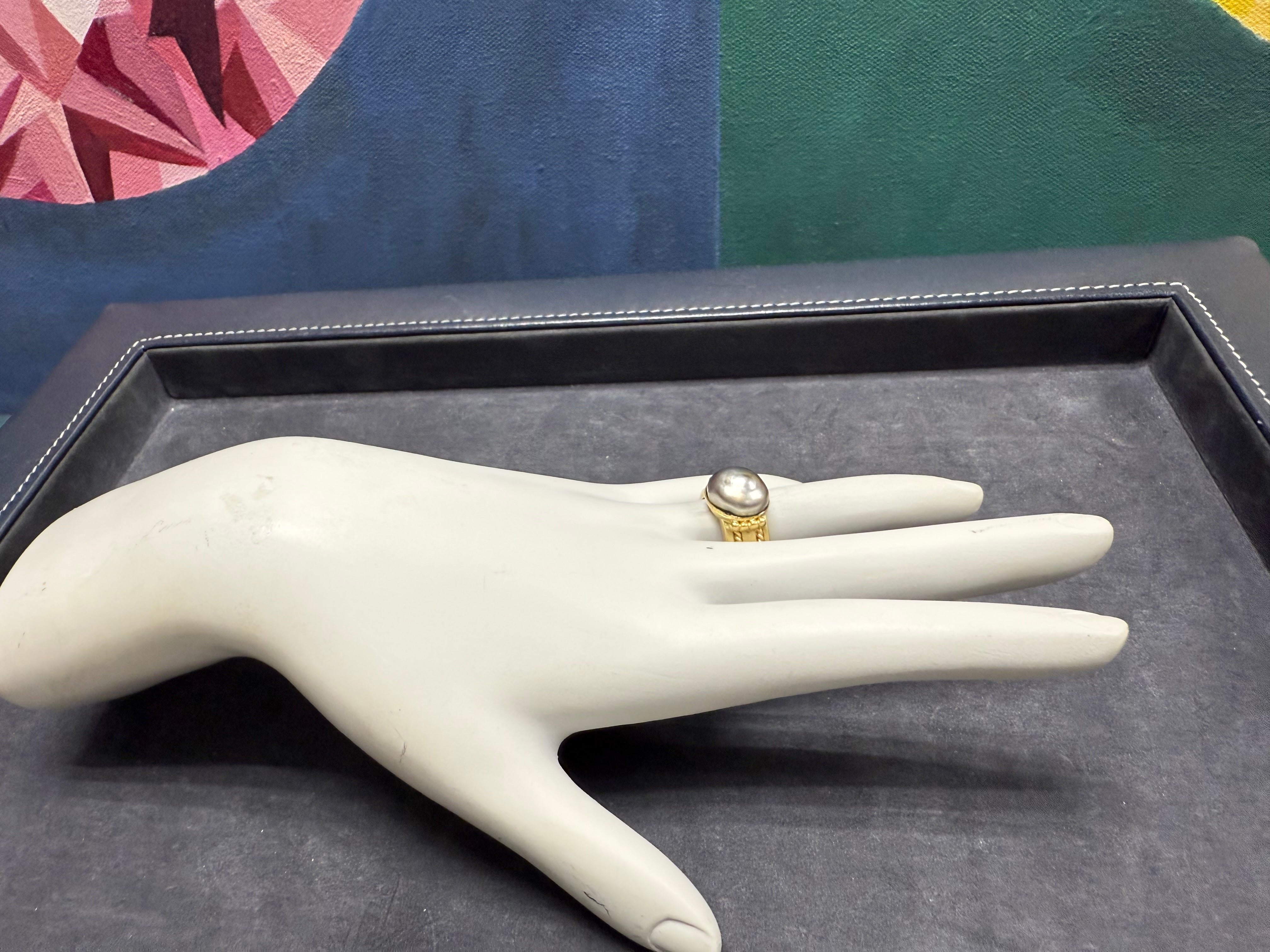 Retro Yellow Gold Black Tahitian Baroque Pearl Statement Ring Circa 2000