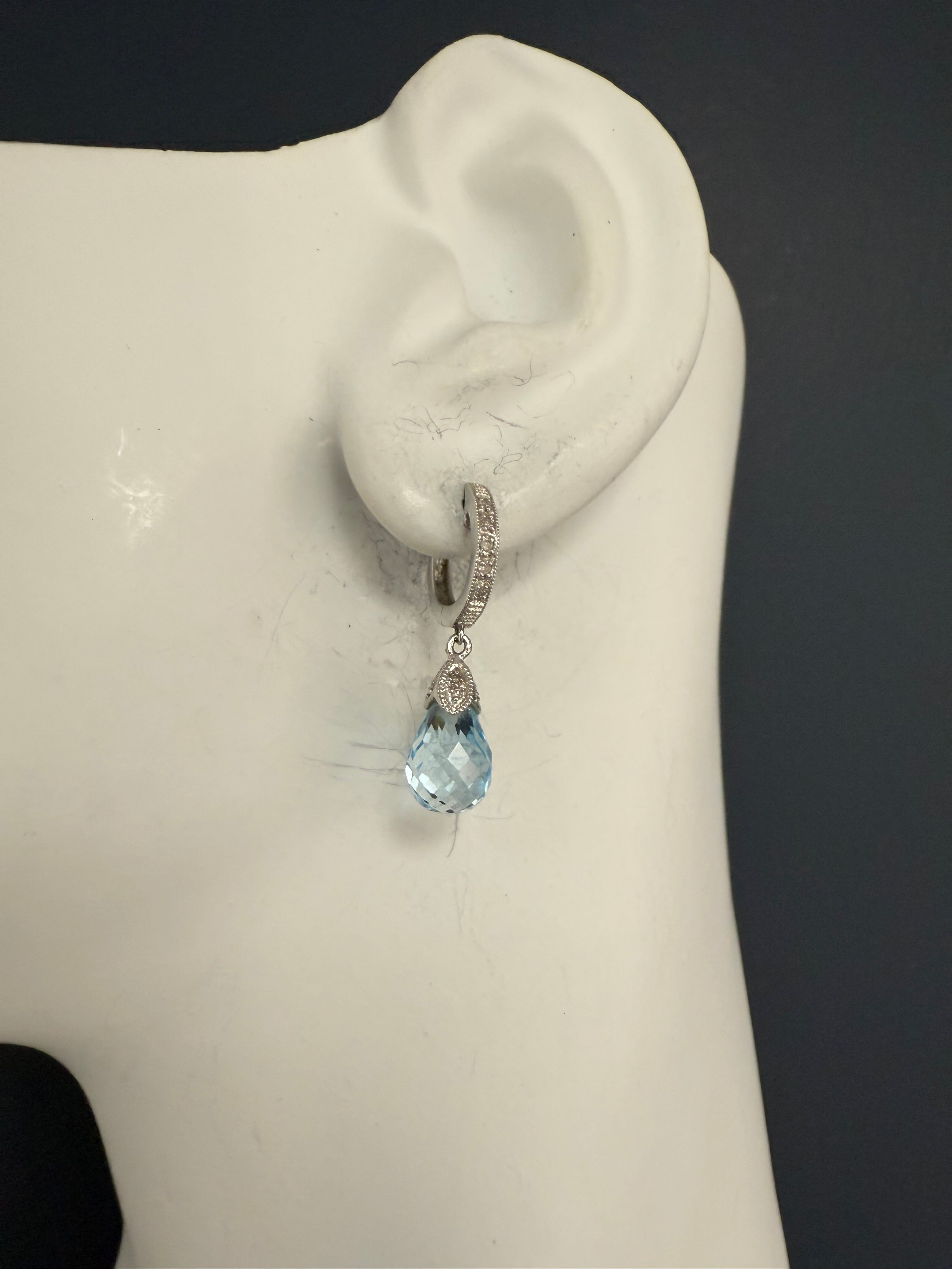 Modern 14K White Gold Blue Topaz Briolette & Natural Diamond Drop Earrings