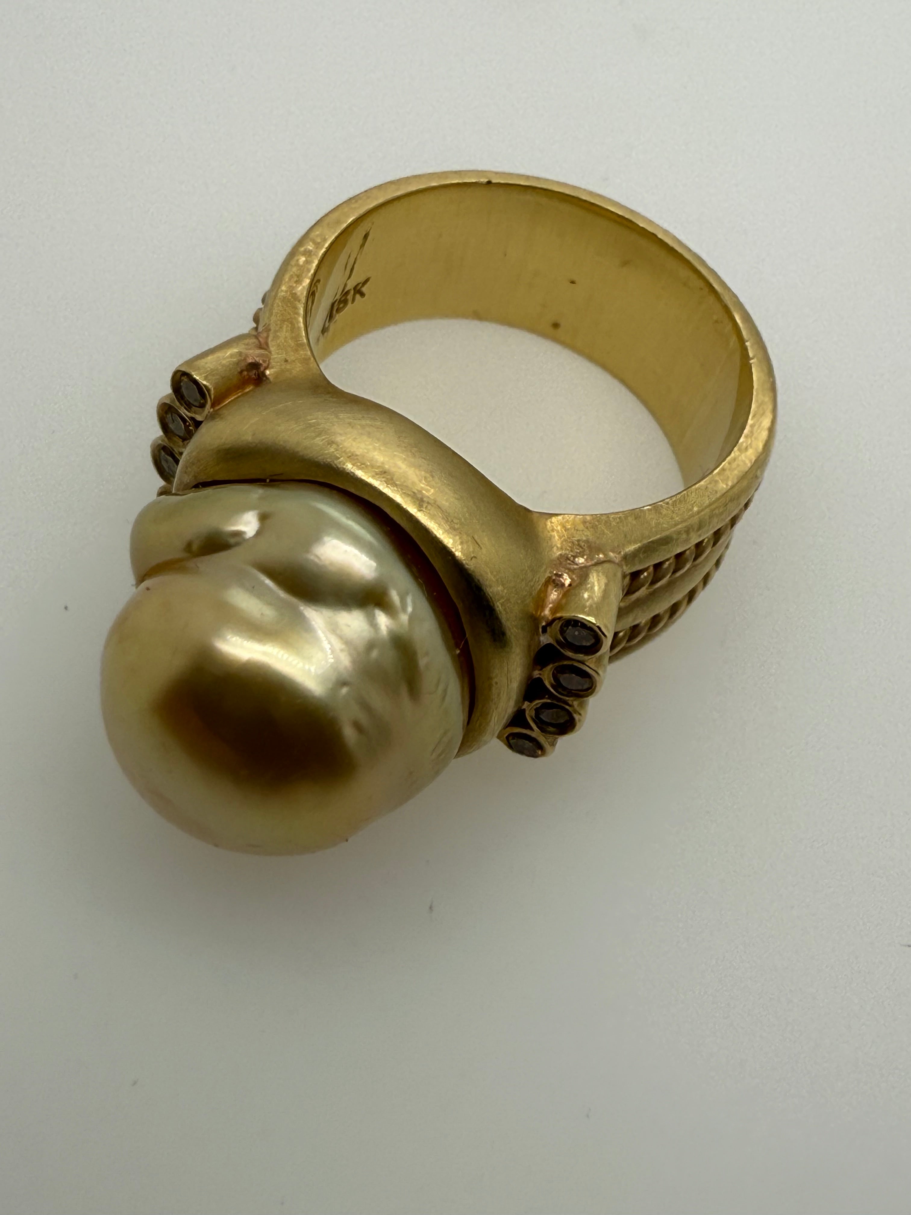 Retro Gold Natural Vivid Yellow Diamond & Golden South Sea Pearl Ring Circa 1990