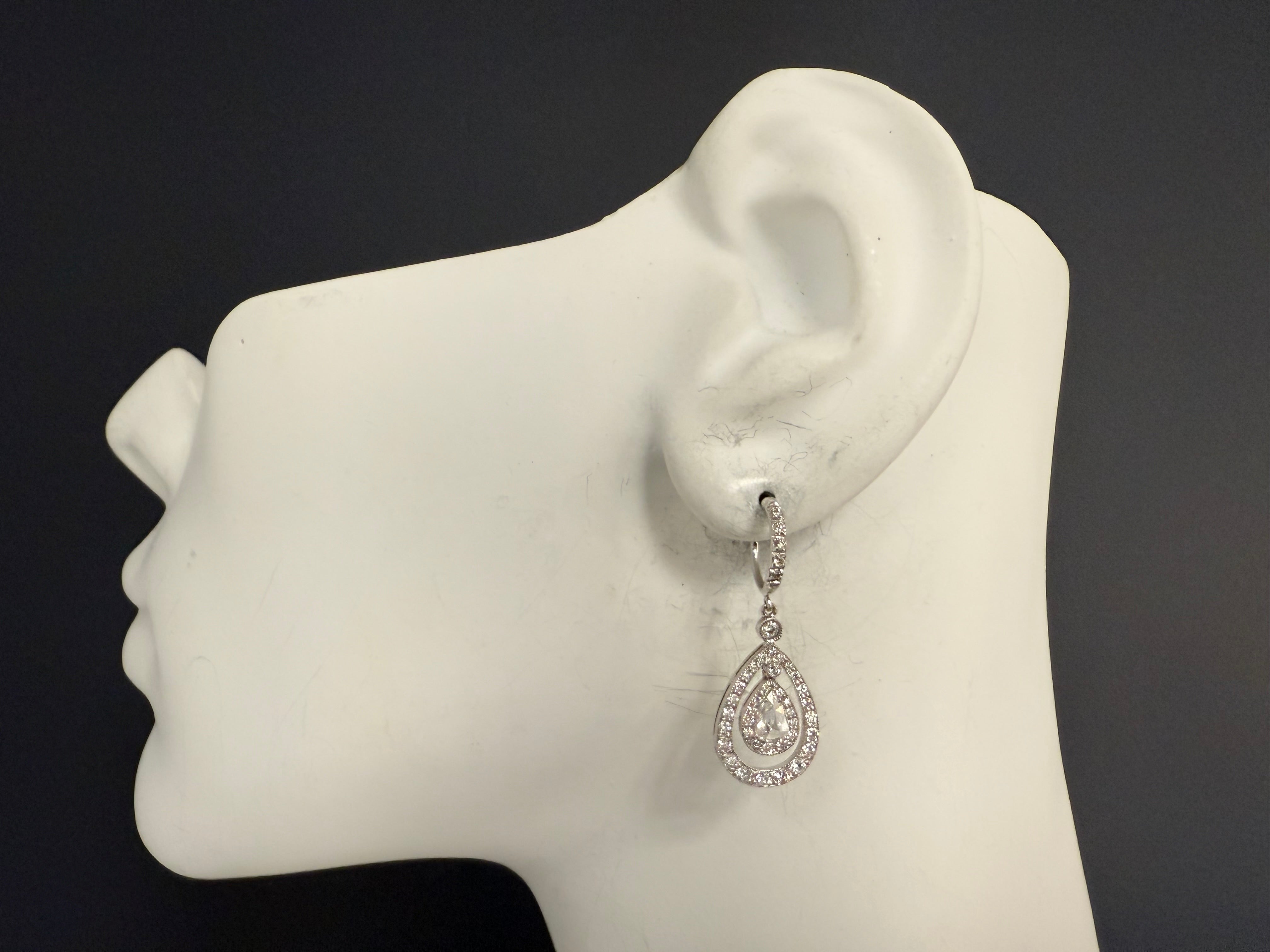Modern Gold 1.5 Carat Natural Colorless Diamond Pear Rose Cut Drop Earrings
