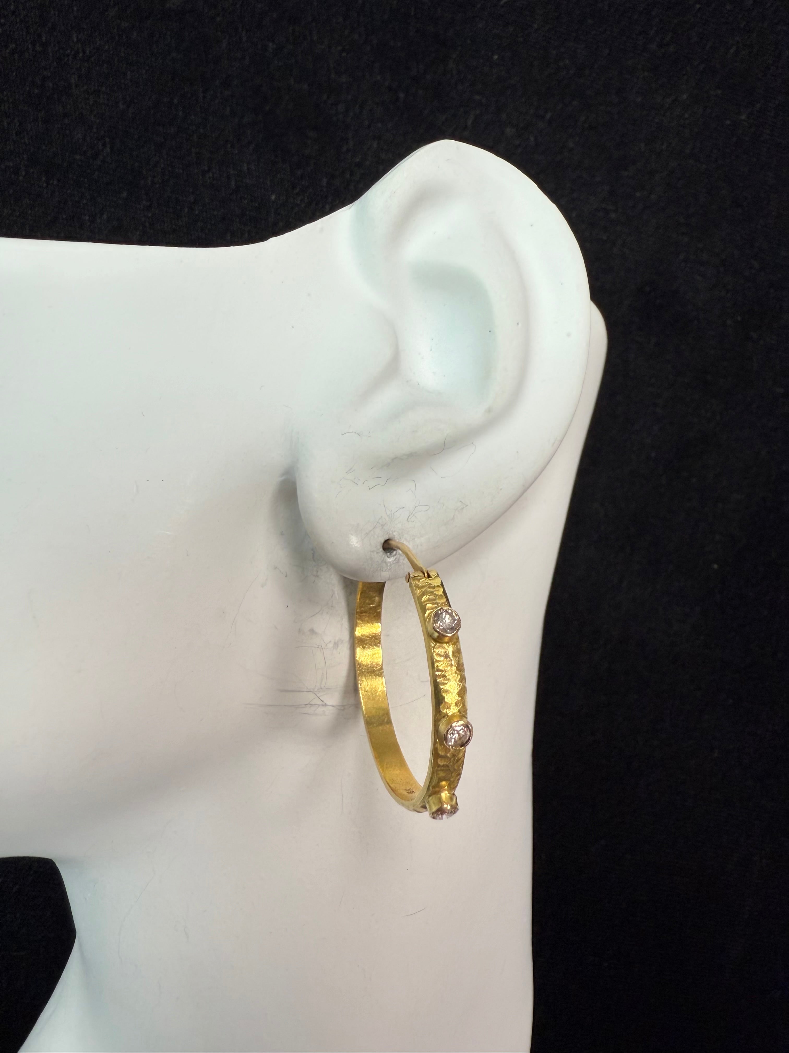 Retro Gold 0.30 Carat Natural Colorless Diamond Hammered Hoop Earrings