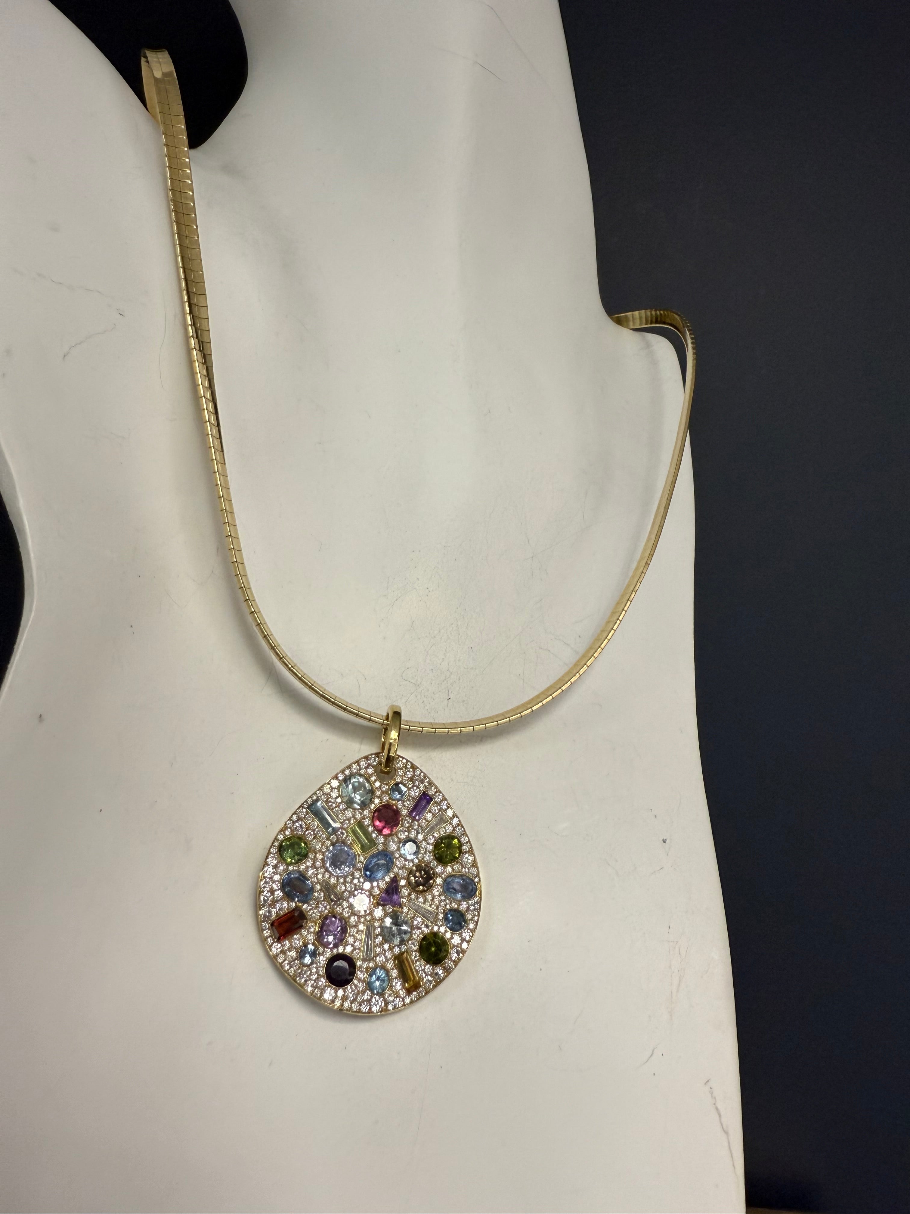 Modern Yellow Gold 4 Carat Natural Diamond & Multicolor Statement Pendant
