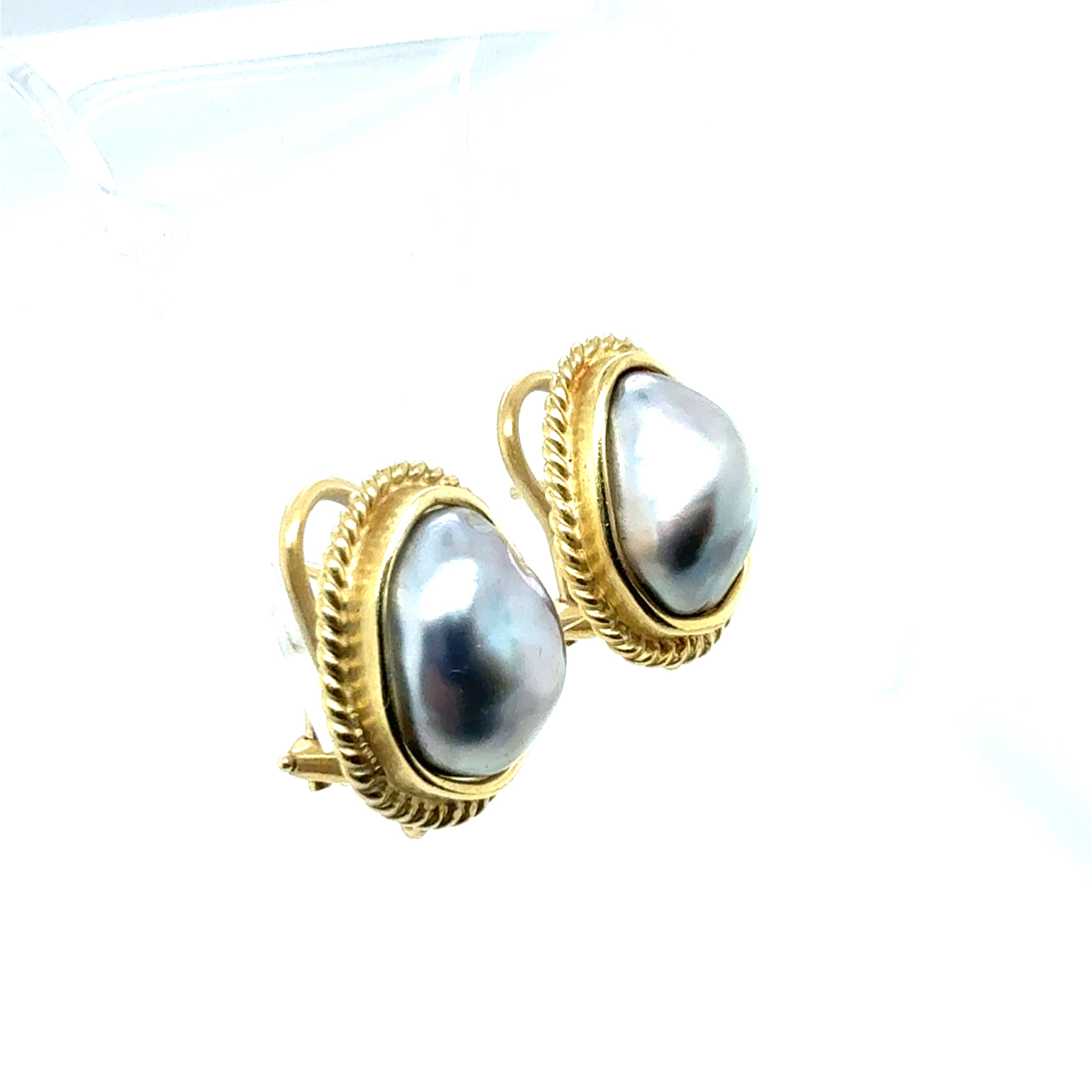 Retro Yellow Gold Black Tahitian Baroque Pearl Earrings Circa 1995