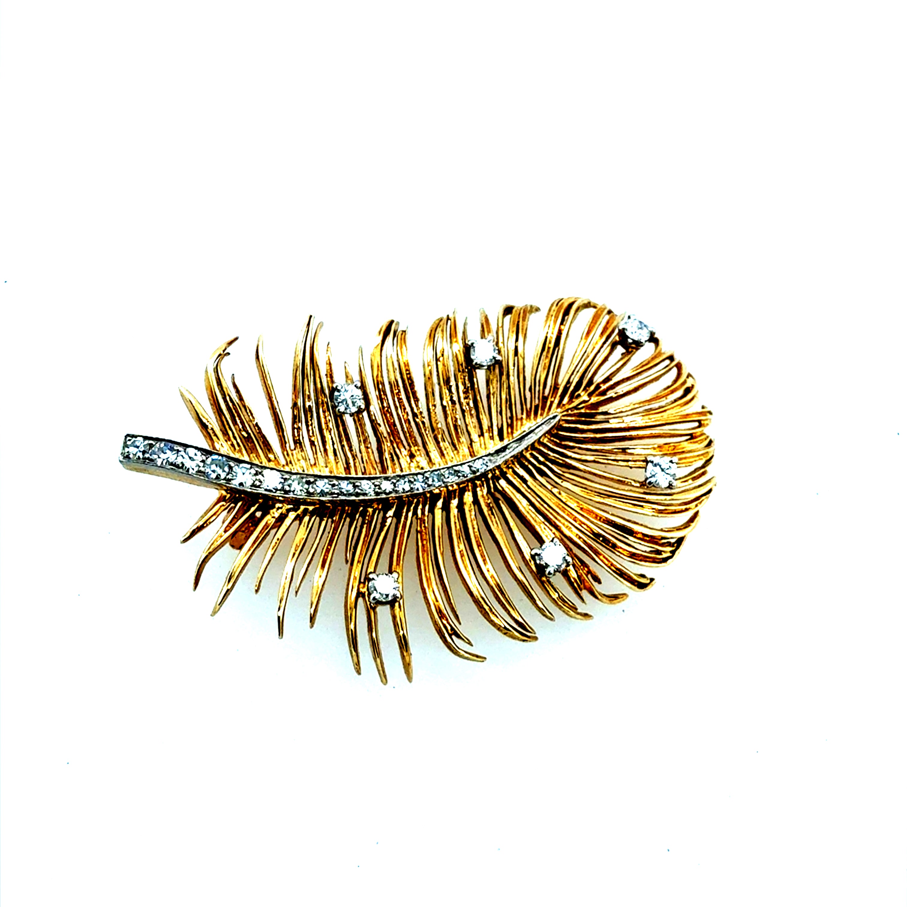 Retro Two Tone Gold 0.35 Carat Natural Diamond Leaf Pin Brooch Circa 1975