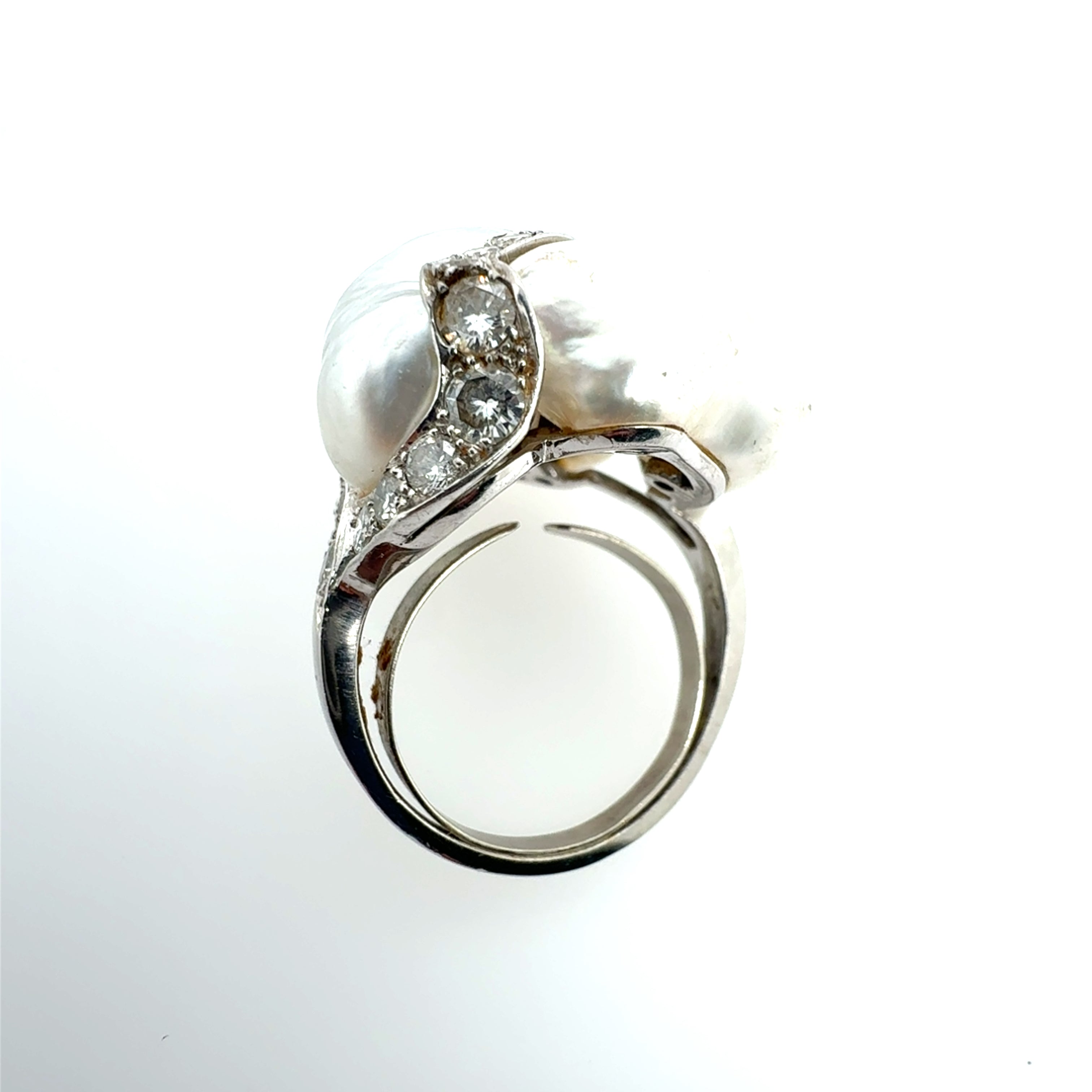Retro Platinum 2.2 Carat Natural Diamond and Pearl Cocktail Ring Circa 1960