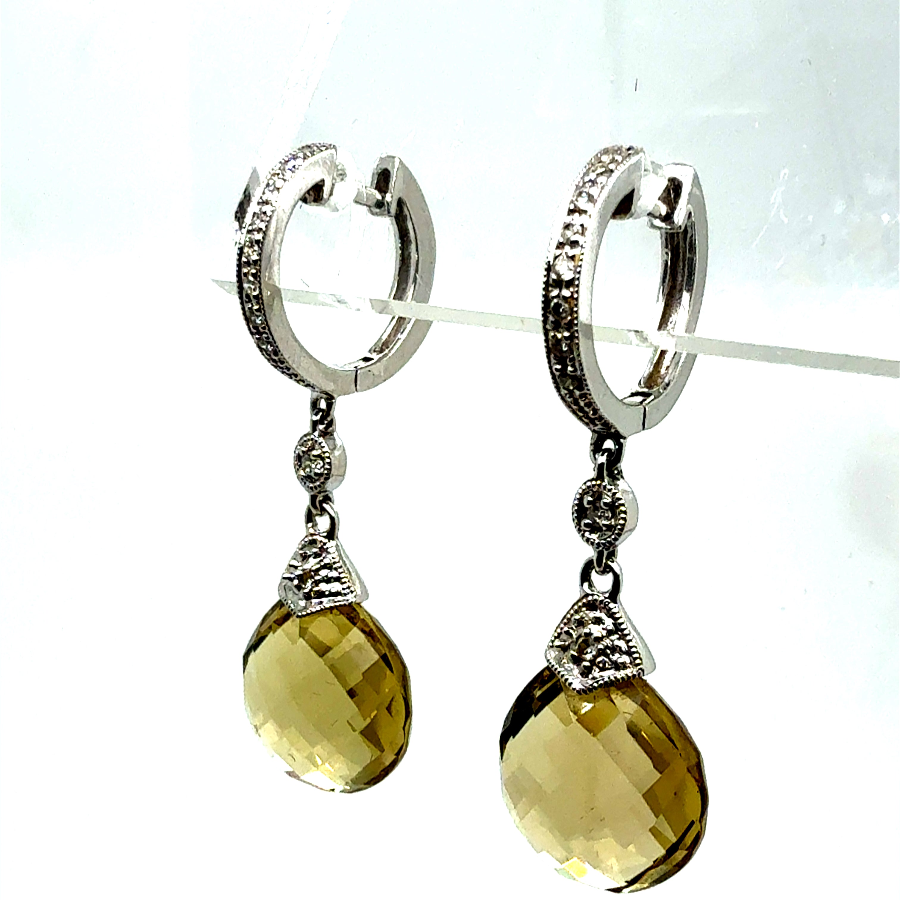 Modern 14K White Gold Rose-Cut Citrine Quartz and Natural Diamond Drop Earrings
