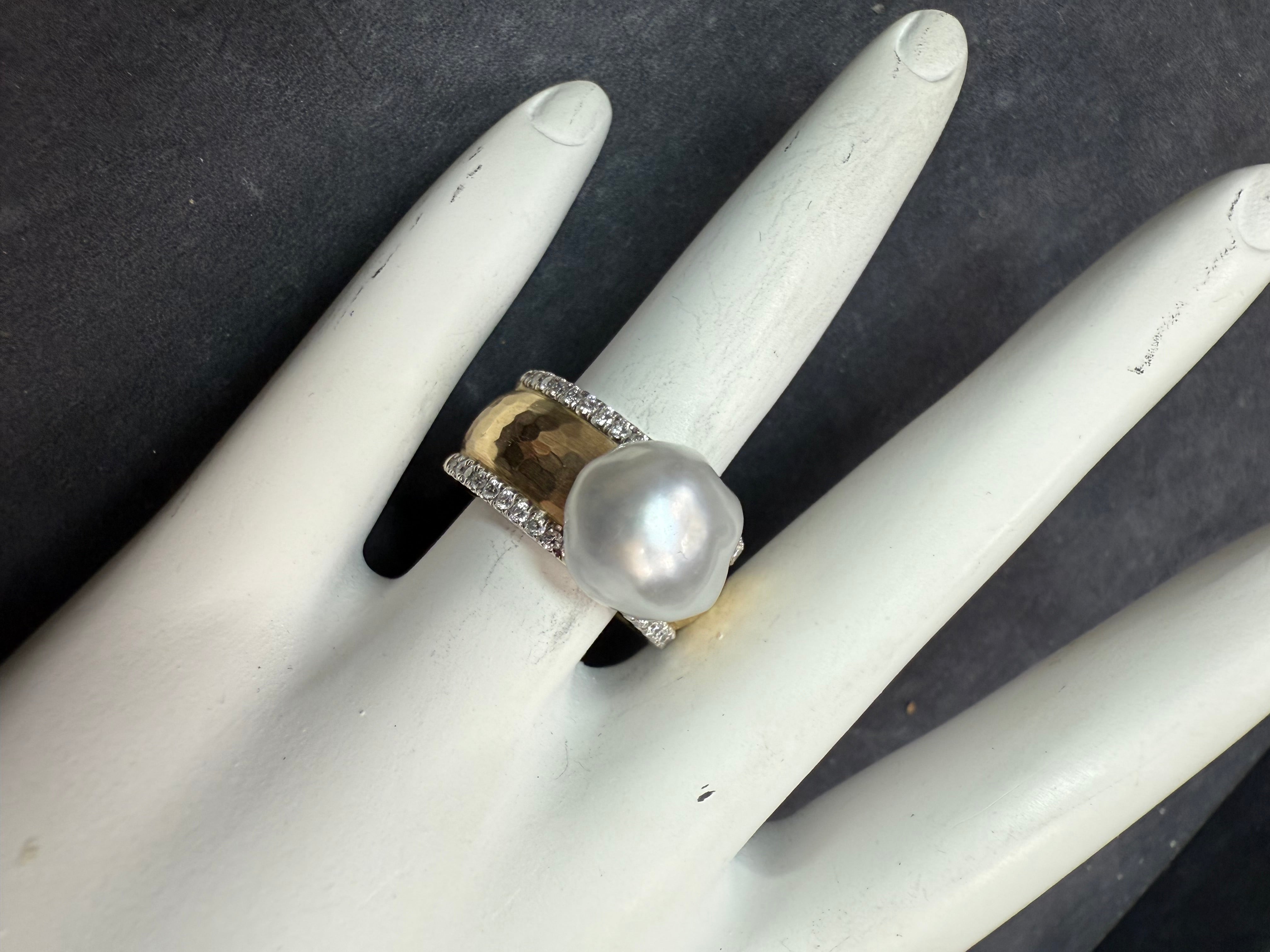 Retro Two-Tone Gold Natural Diamond & South Sea Pearl Statement Ring Circa 1980s