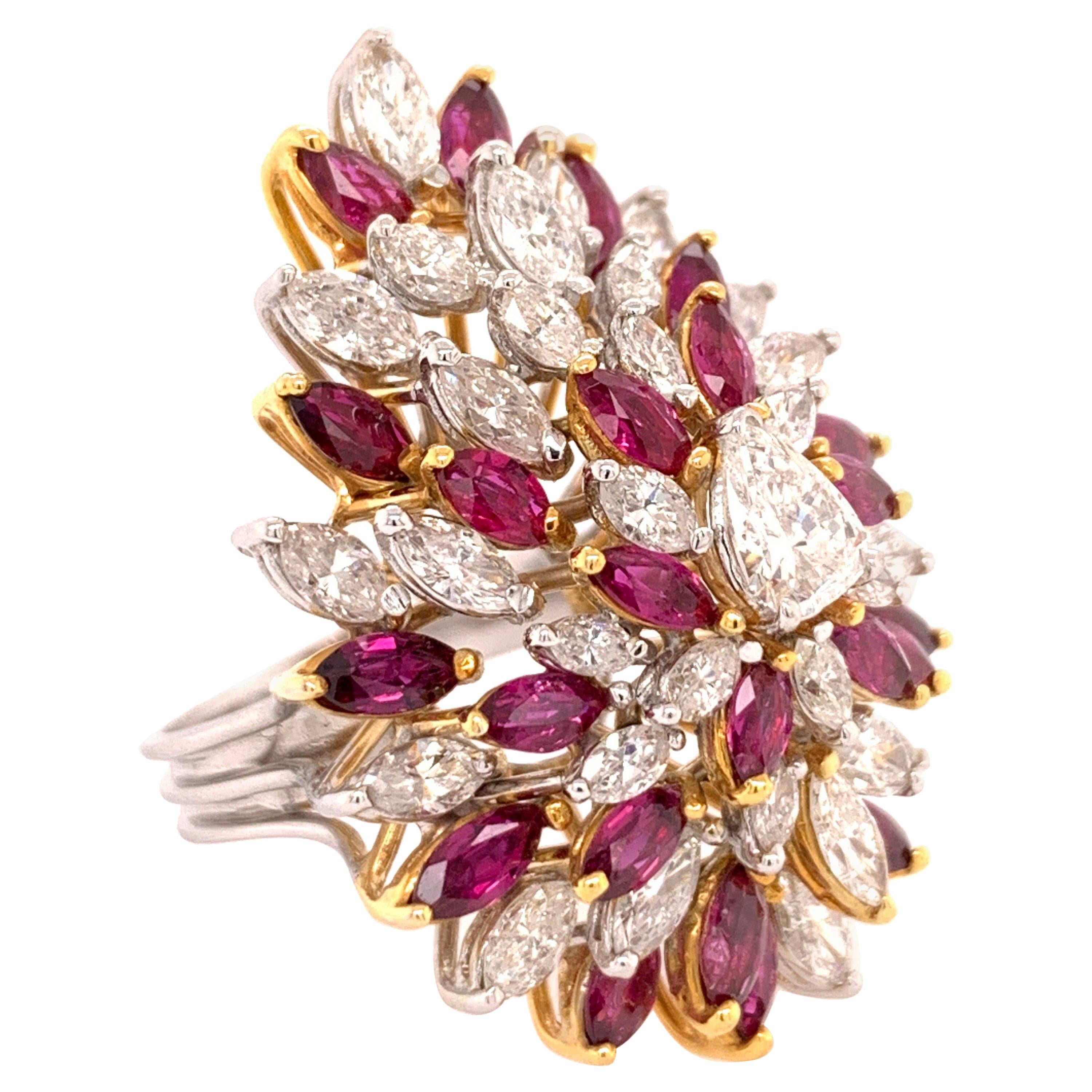 Retro Gold 10.50 Carat Marquise Natural Diamond & Ruby Cocktail Ring Circa 1970