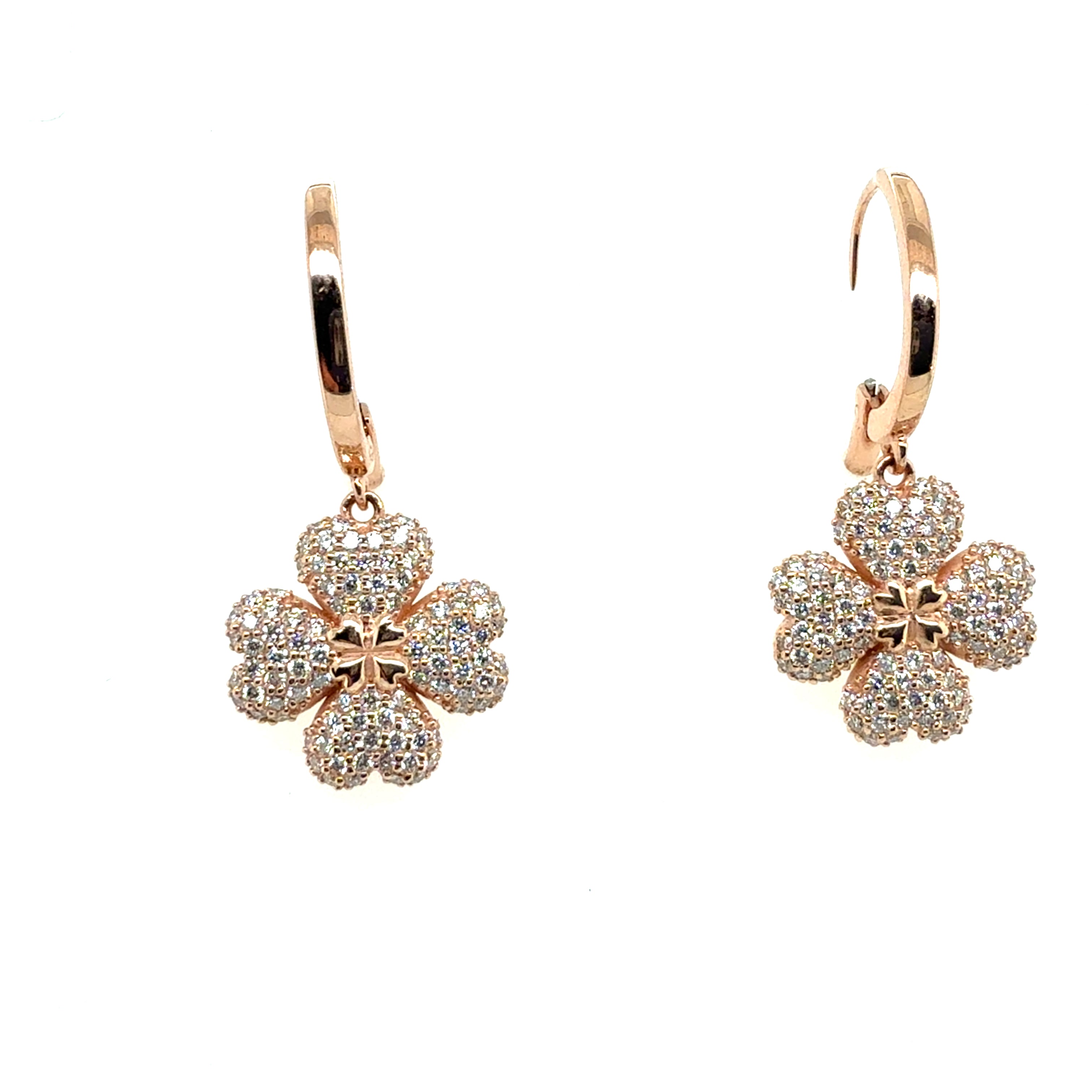 Modern 14K Rose Gold 1.25ct Natural Diamond Flower Clover Drop Earrings