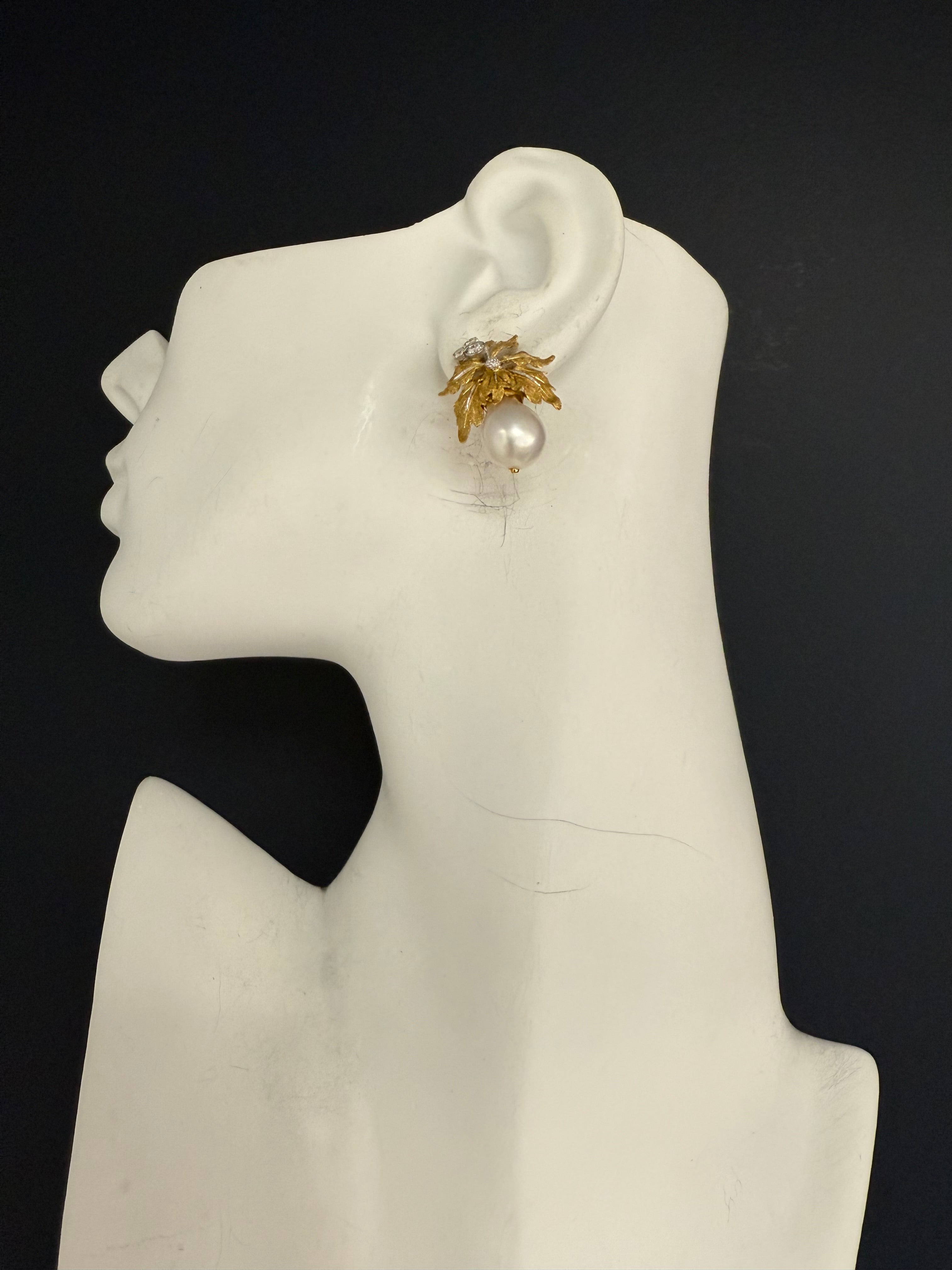 Retro Gold Natural Diamond and 11mm Pearl Leaf Earrings, Circa 1970