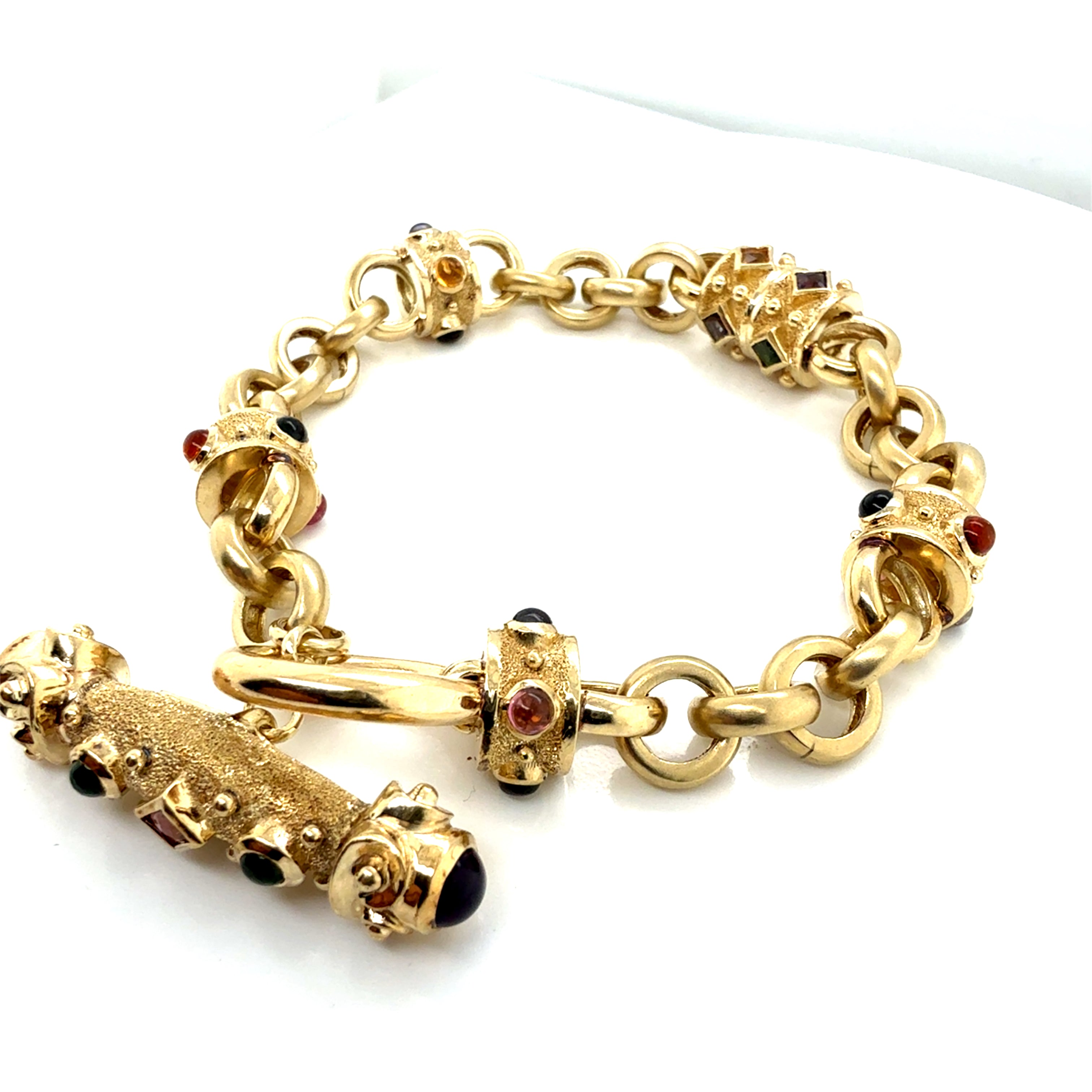 Statement 14K Gold Toggle Bracelet with Amethyst, Sapphire, Tourmaline Cabochon