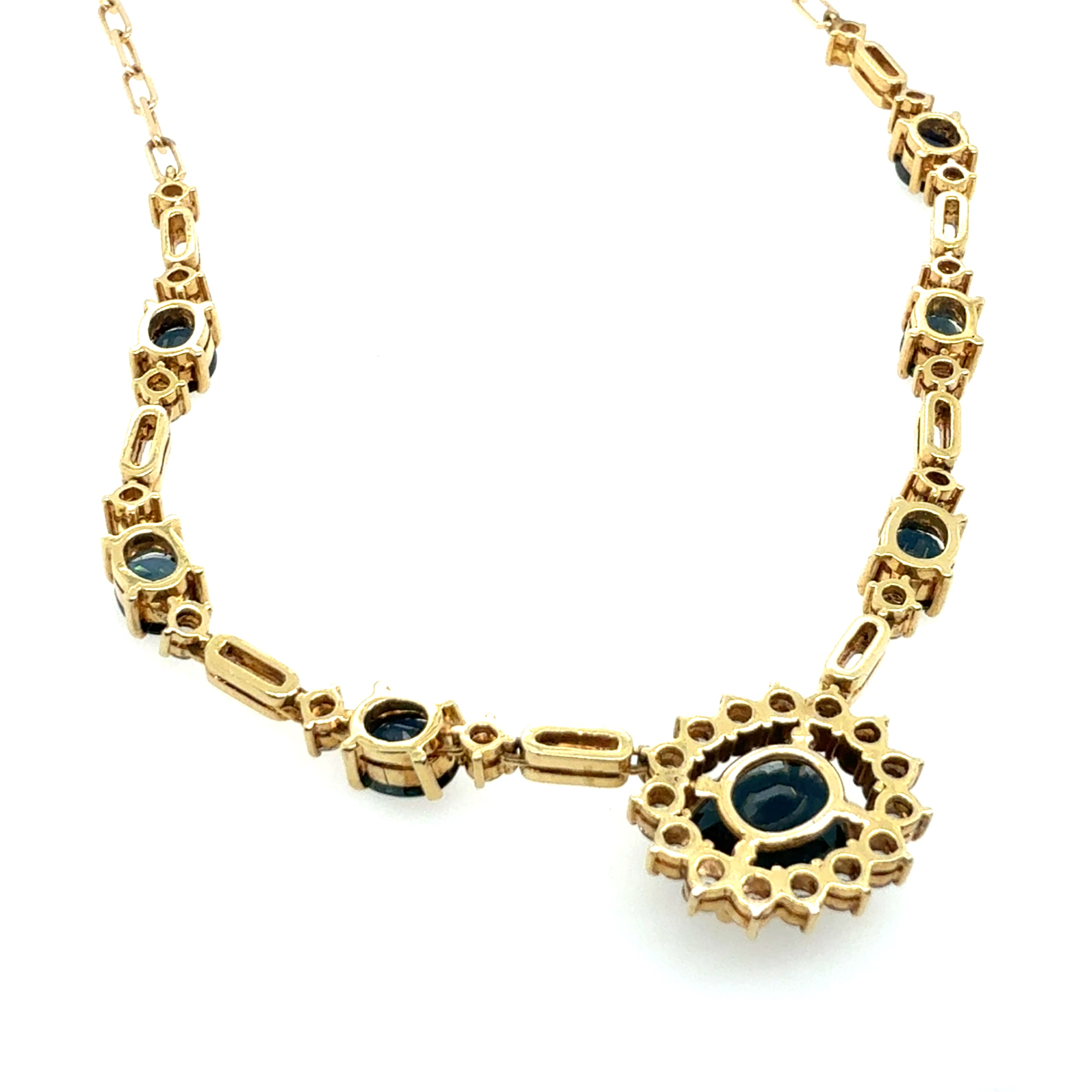 Retro Gold 7.55 Carat Natural Diamond & Royal Blue Sapphire Statement Necklace
