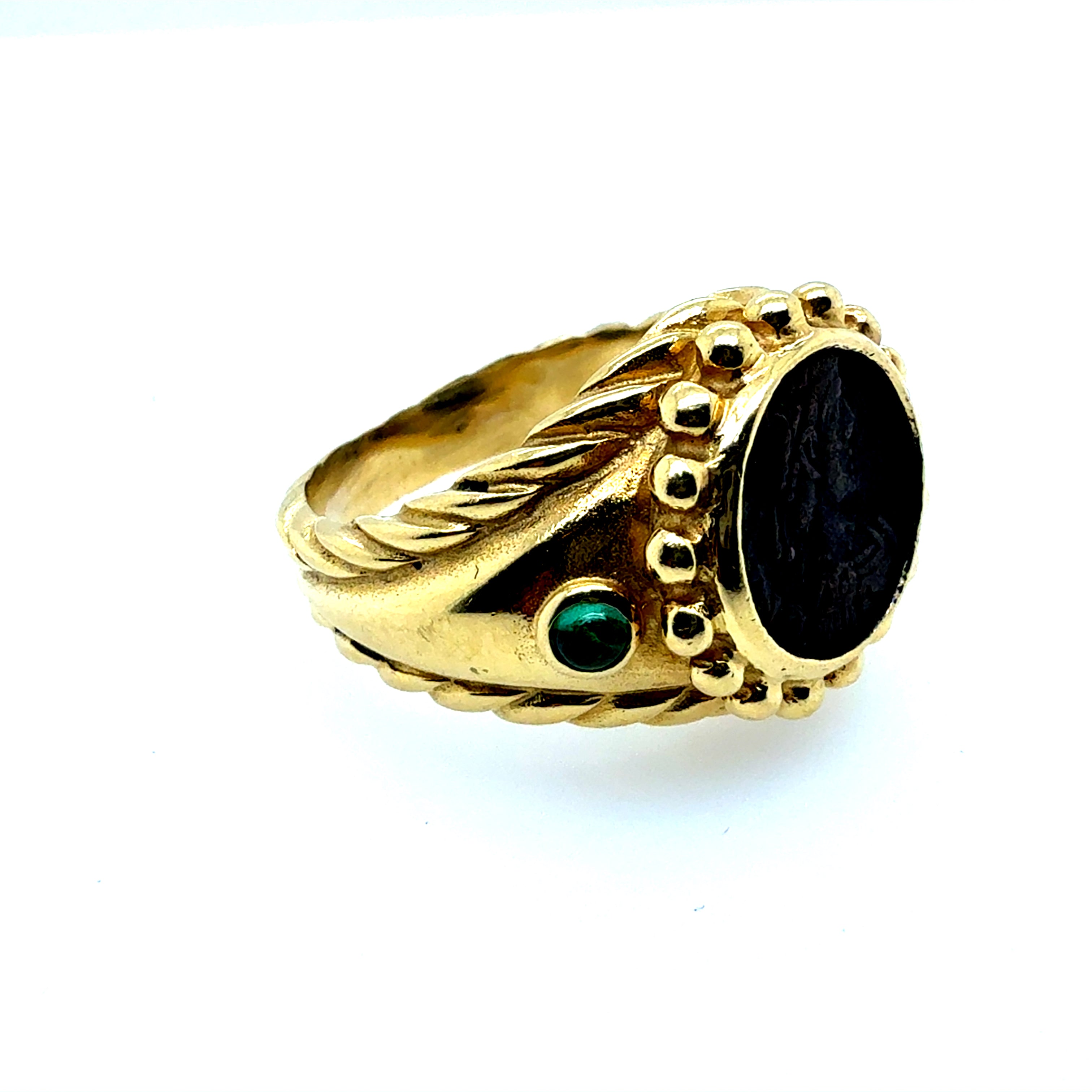 Retro Gold Roman Coin with Natural Emerald Statement Ring Circa 1980