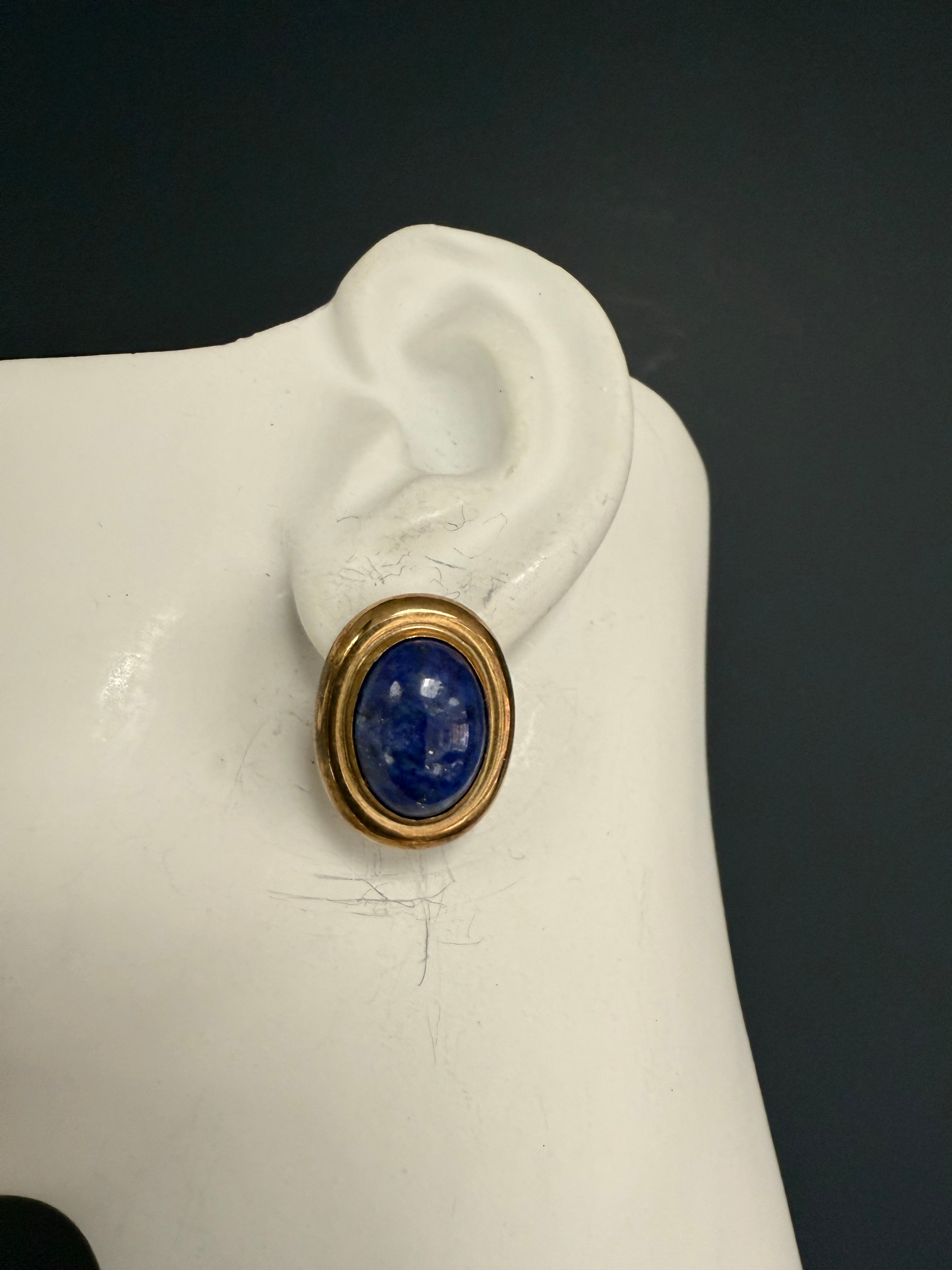 Retro Yellow Gold Oval Blue Lapis Lazuli Cabochon Statement Earrings Circa 1970