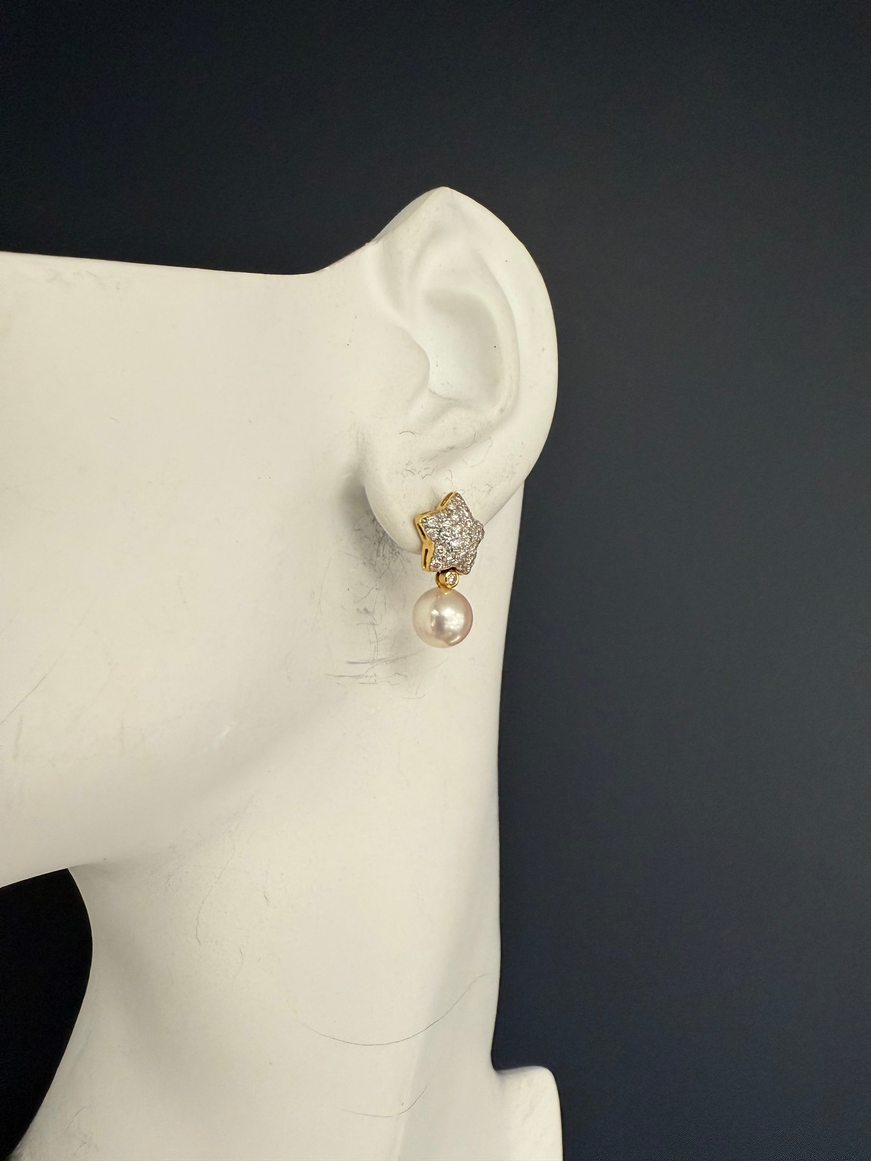 Modern Gold 1.5 Carat Natural Diamond and South Sea Pearl Star Earrings