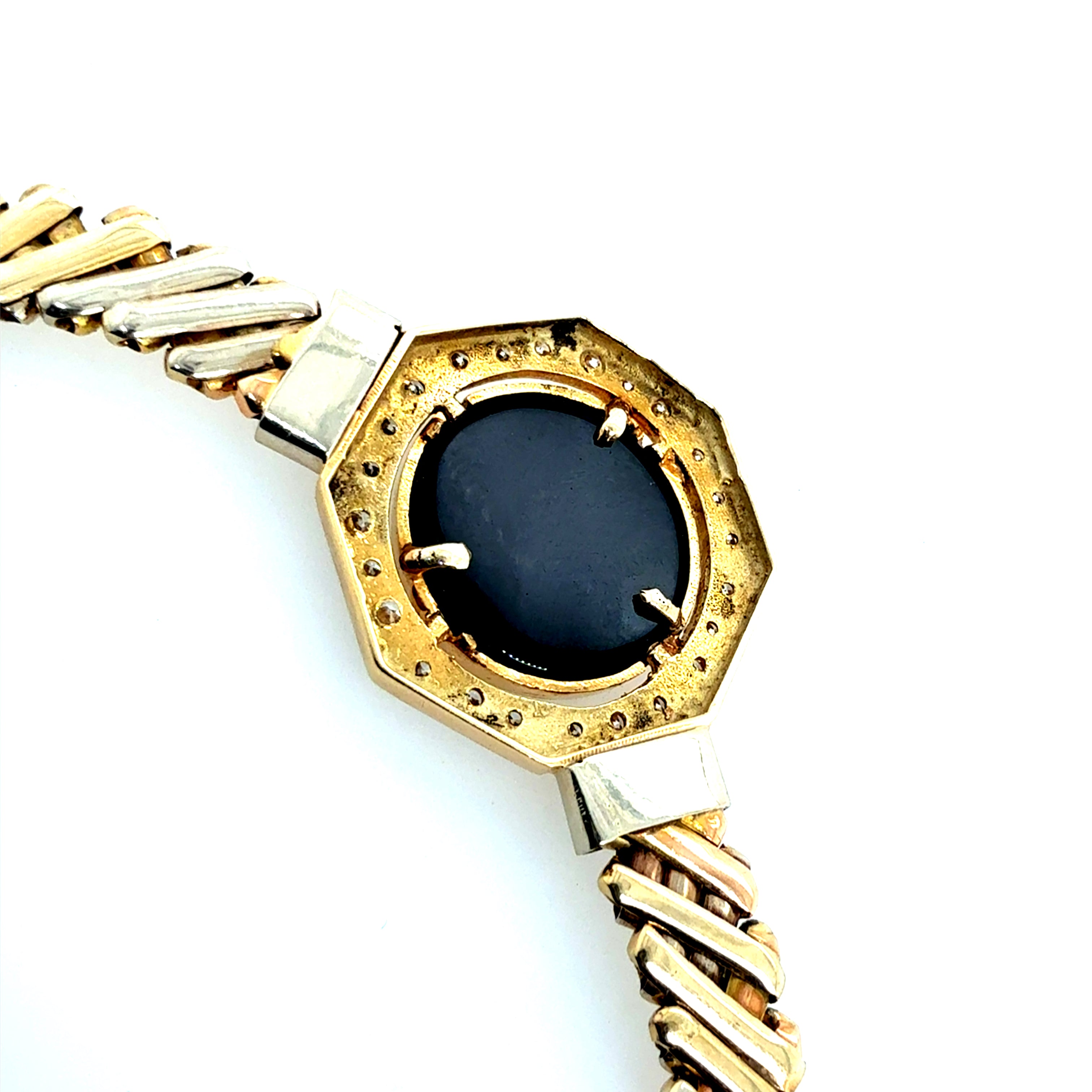 Retro Gold Tri-Color 0.75 CT Diamond and Onyx Statement Necklace Circa 1970