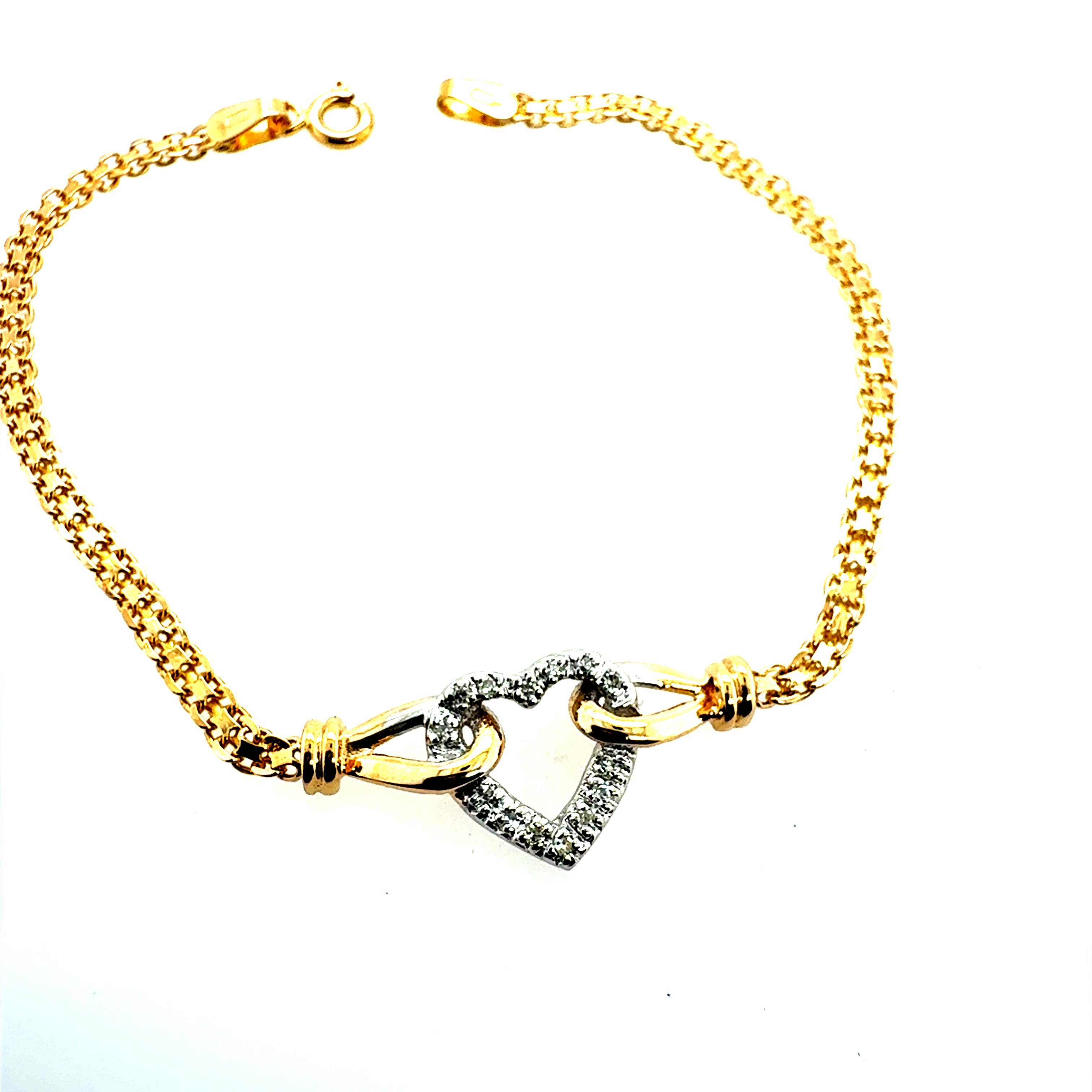 Retro 14K Two Tone Gold Natural Diamond Heart Bracelet Circa 1980