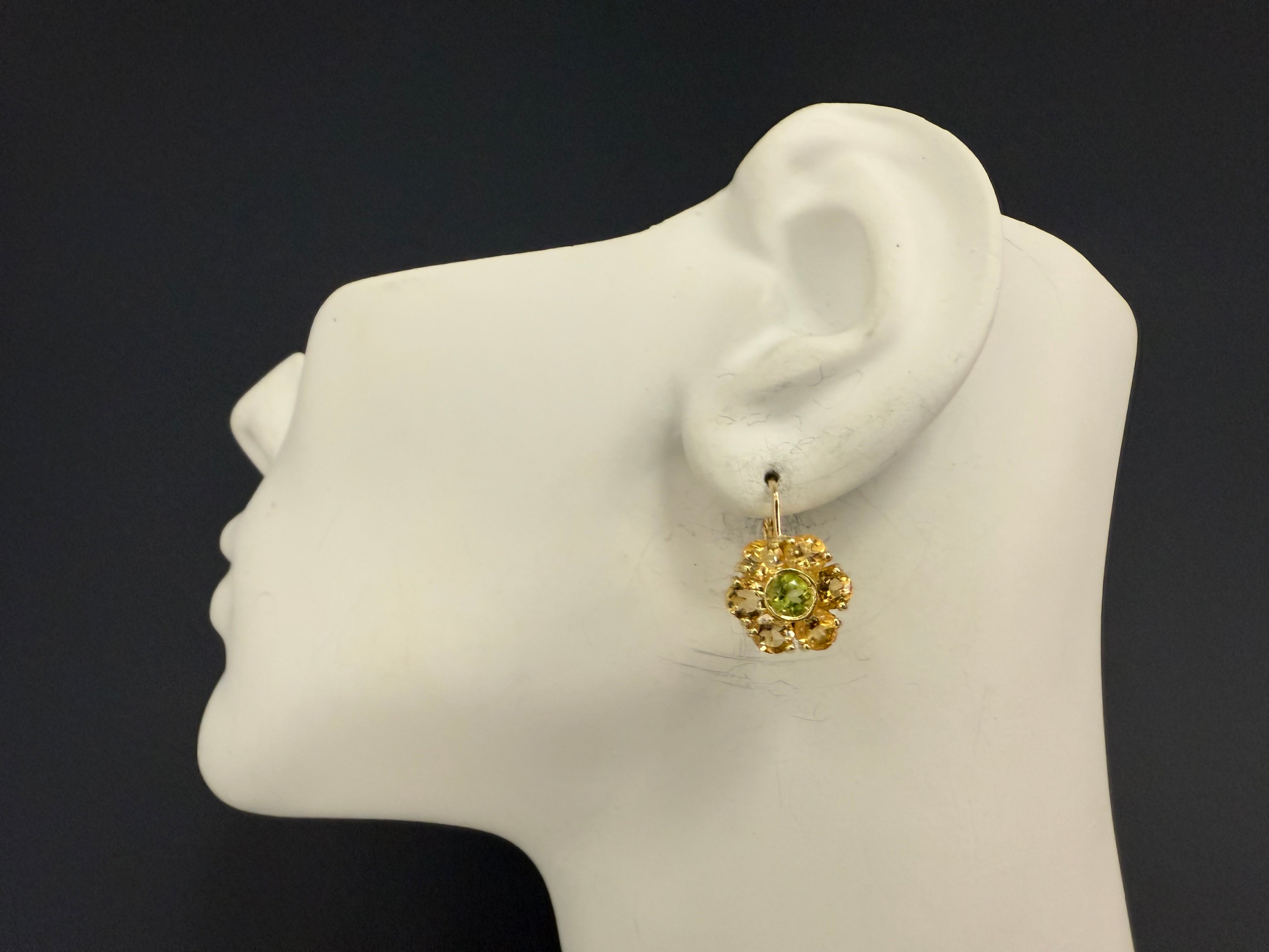 Modern Yellow Gold Green Peridot and Citrine Quartz Statement Earrings
