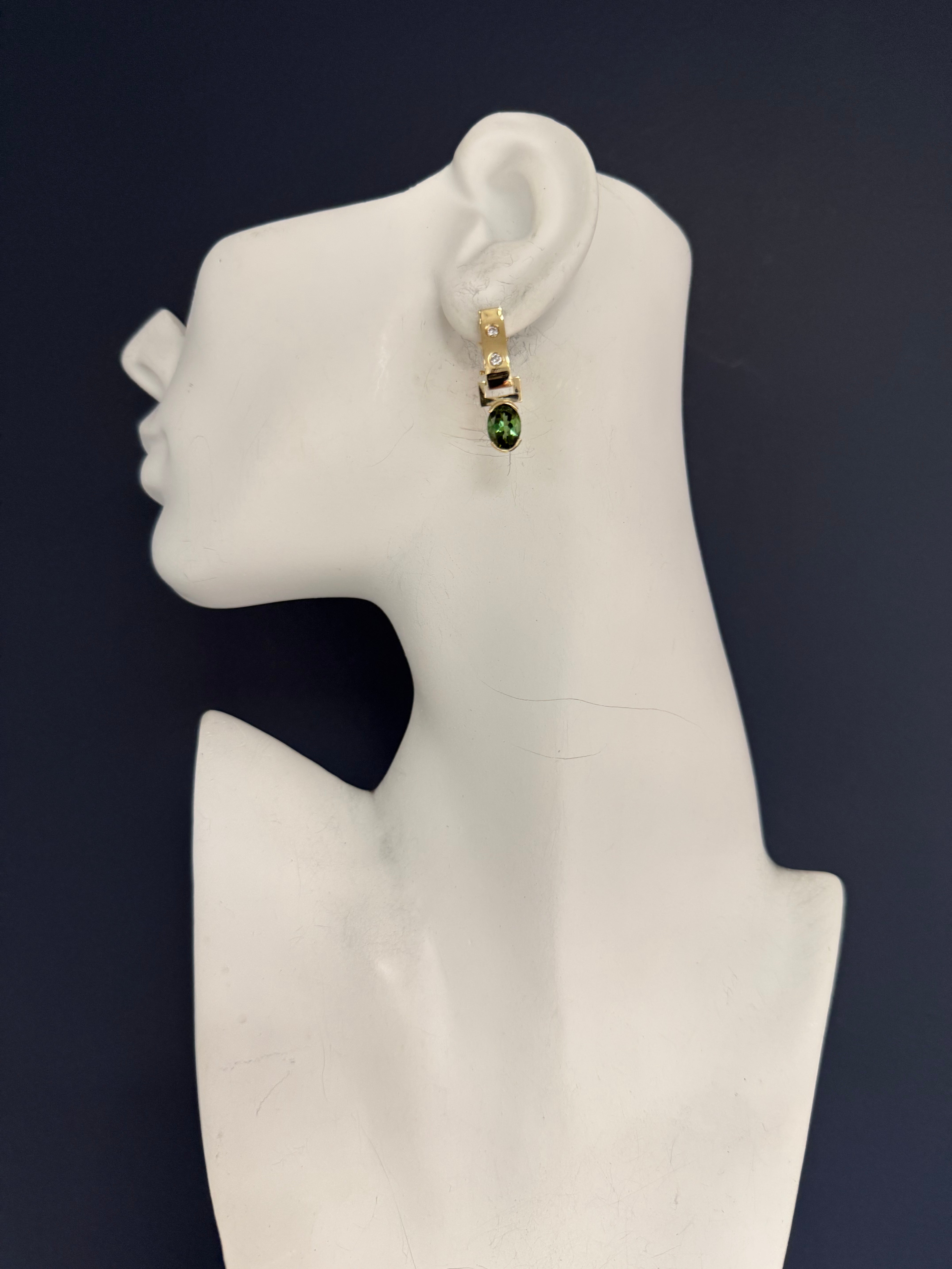 Retro Gold Natural Diamond and Green Tourmaline Detachable Earrings 1970