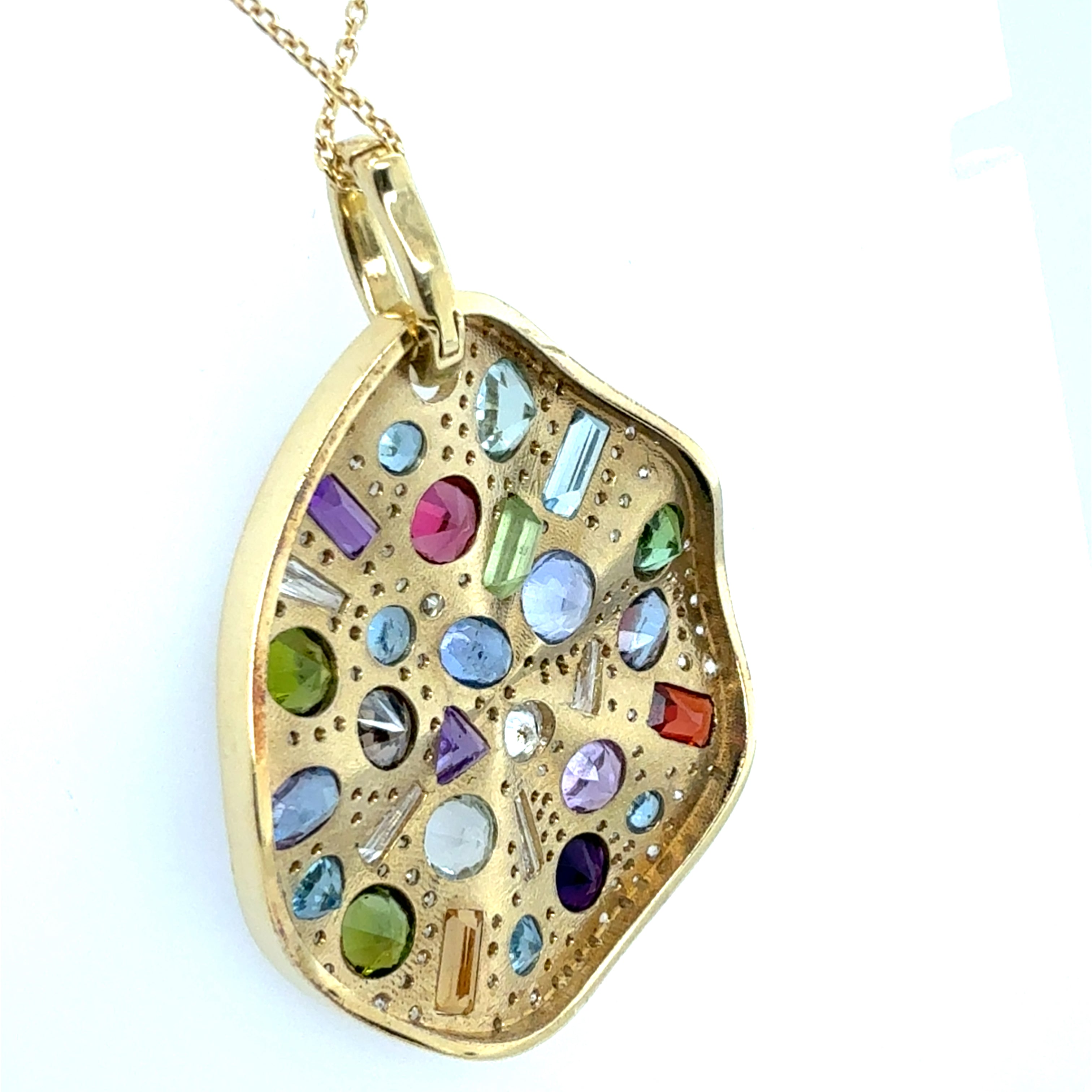Modern Yellow Gold 4 Carat Natural Diamond & Multicolor Statement Pendant