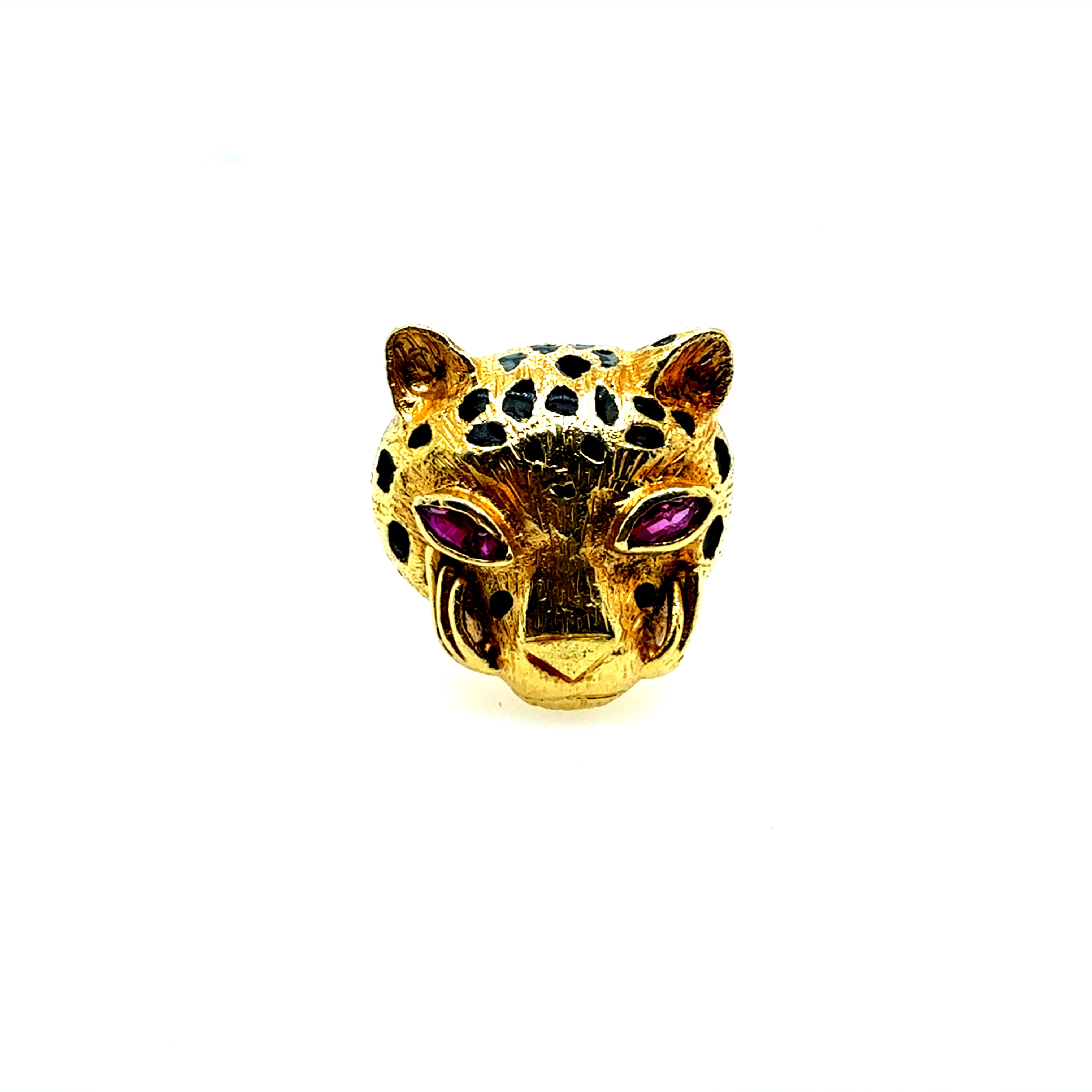 Retro Gold Natural Ruby Eyes Leopard Statement Ring Made in Italy Circa 1990