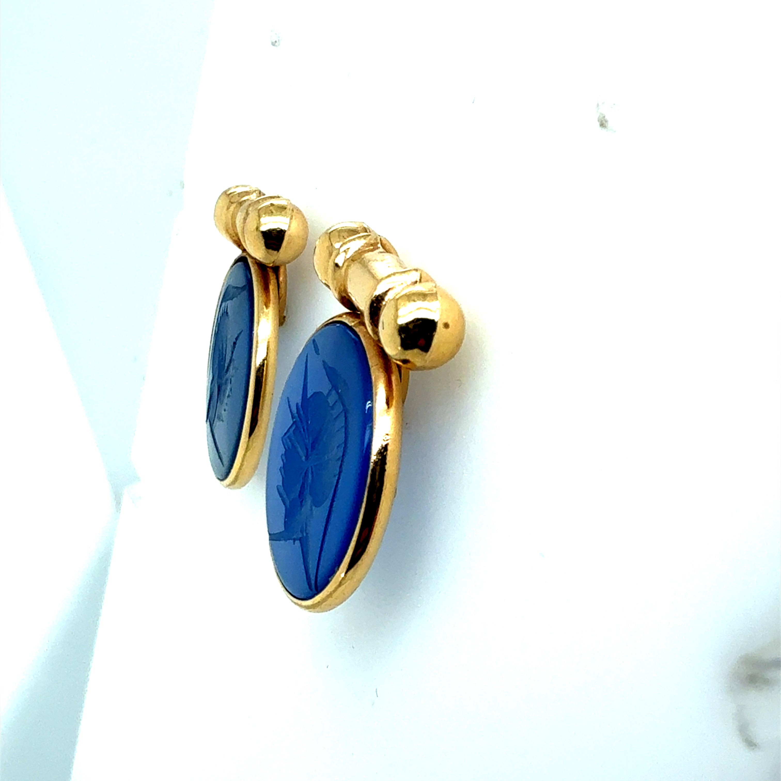 Retro Gold Earrings Bezel Set with Blue Roman Carnelian Intaglio Circa 1980