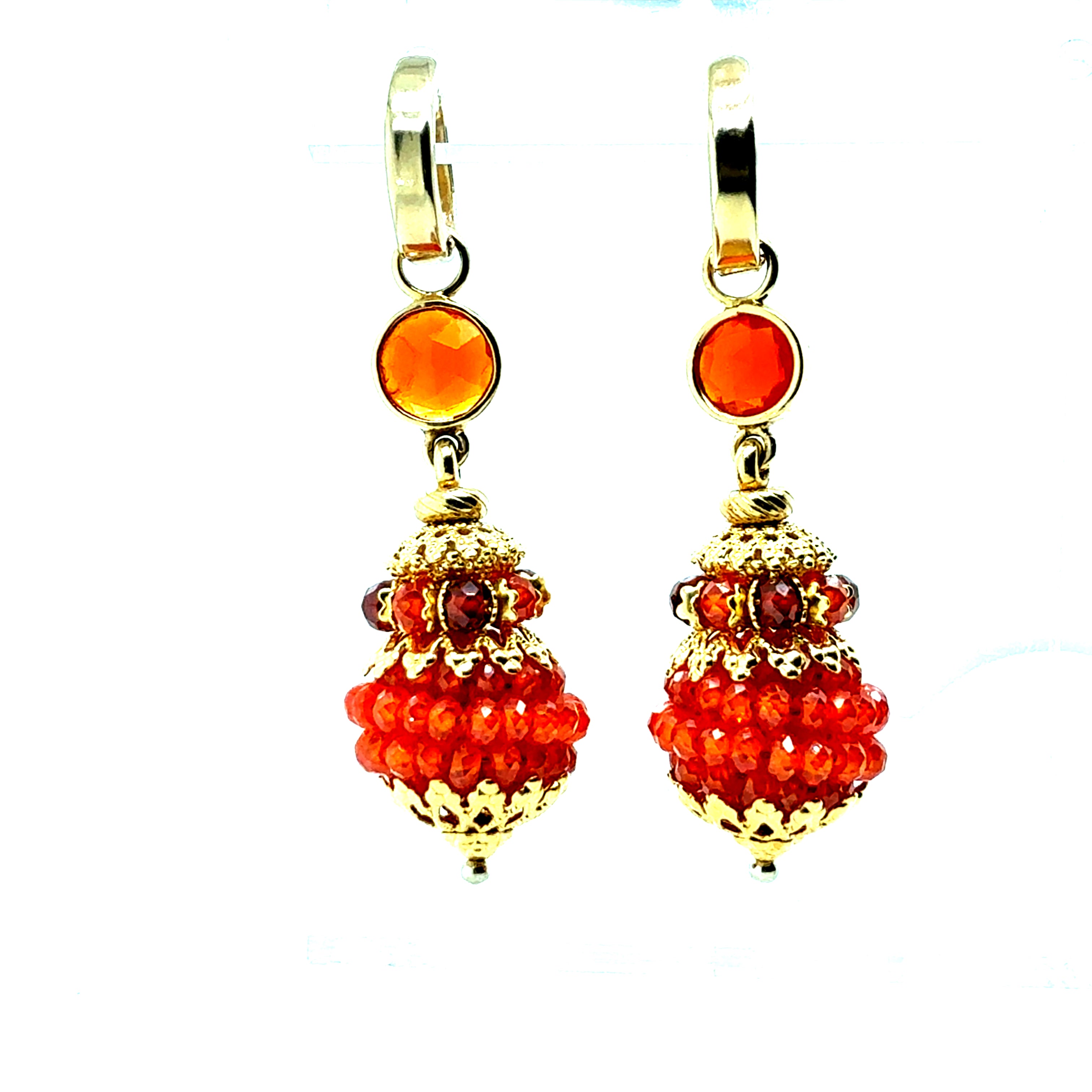 Retro Gold Drop Earrings with Layered Orange Mexican Rose Cut Opals