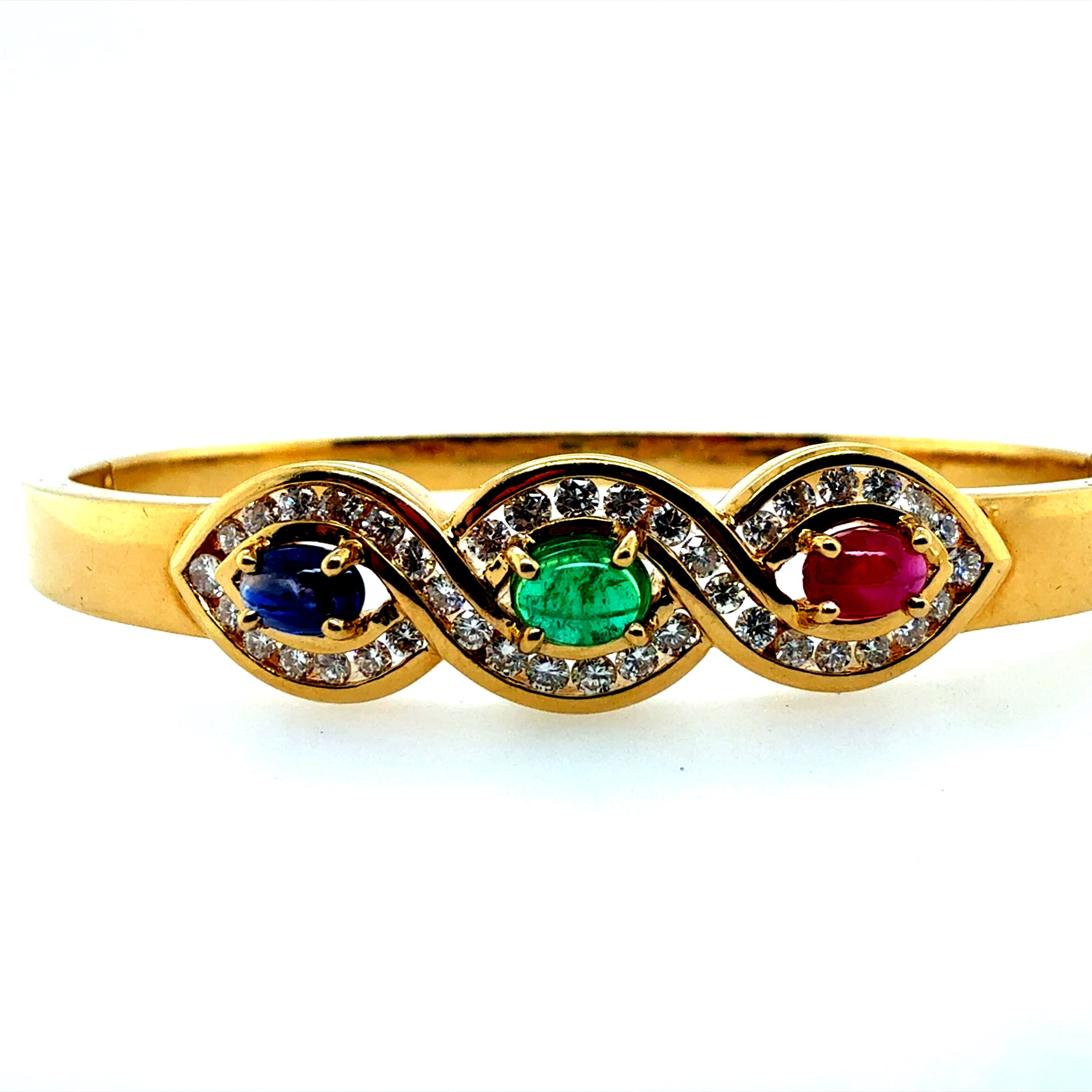 Retro Gold 1.2 CT Natural Diamond & Multicolor CAB Statement Bangle Circa 1980