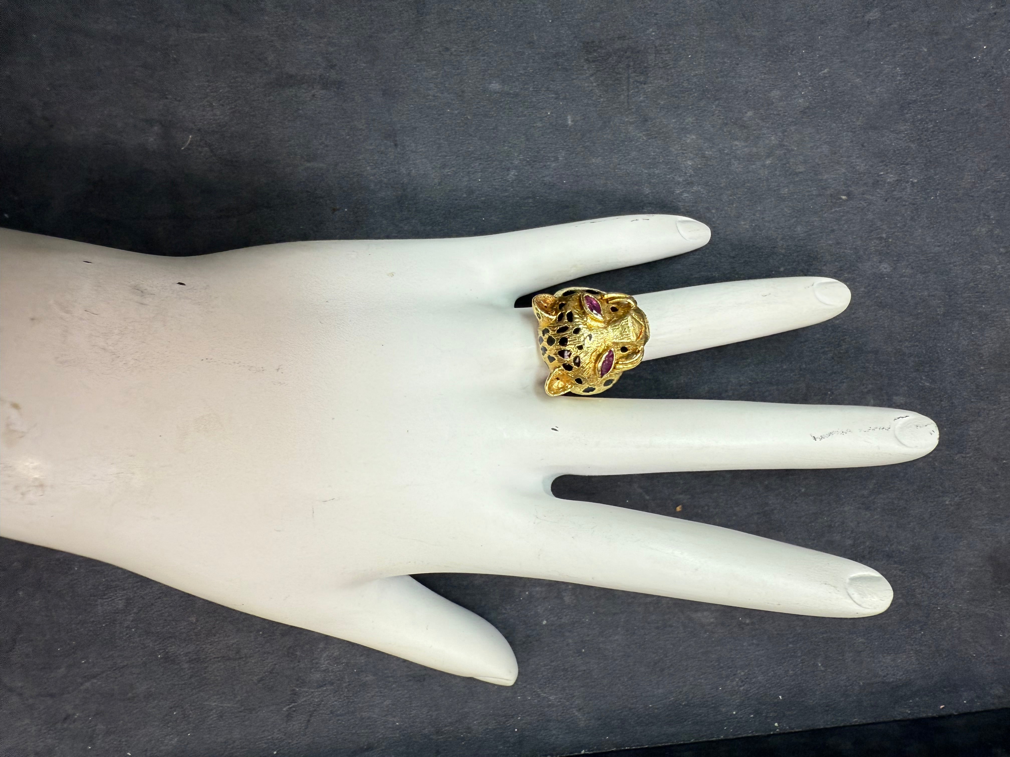 Retro Gold Natural Ruby Eyes Leopard Statement Ring Made in Italy Circa 1990