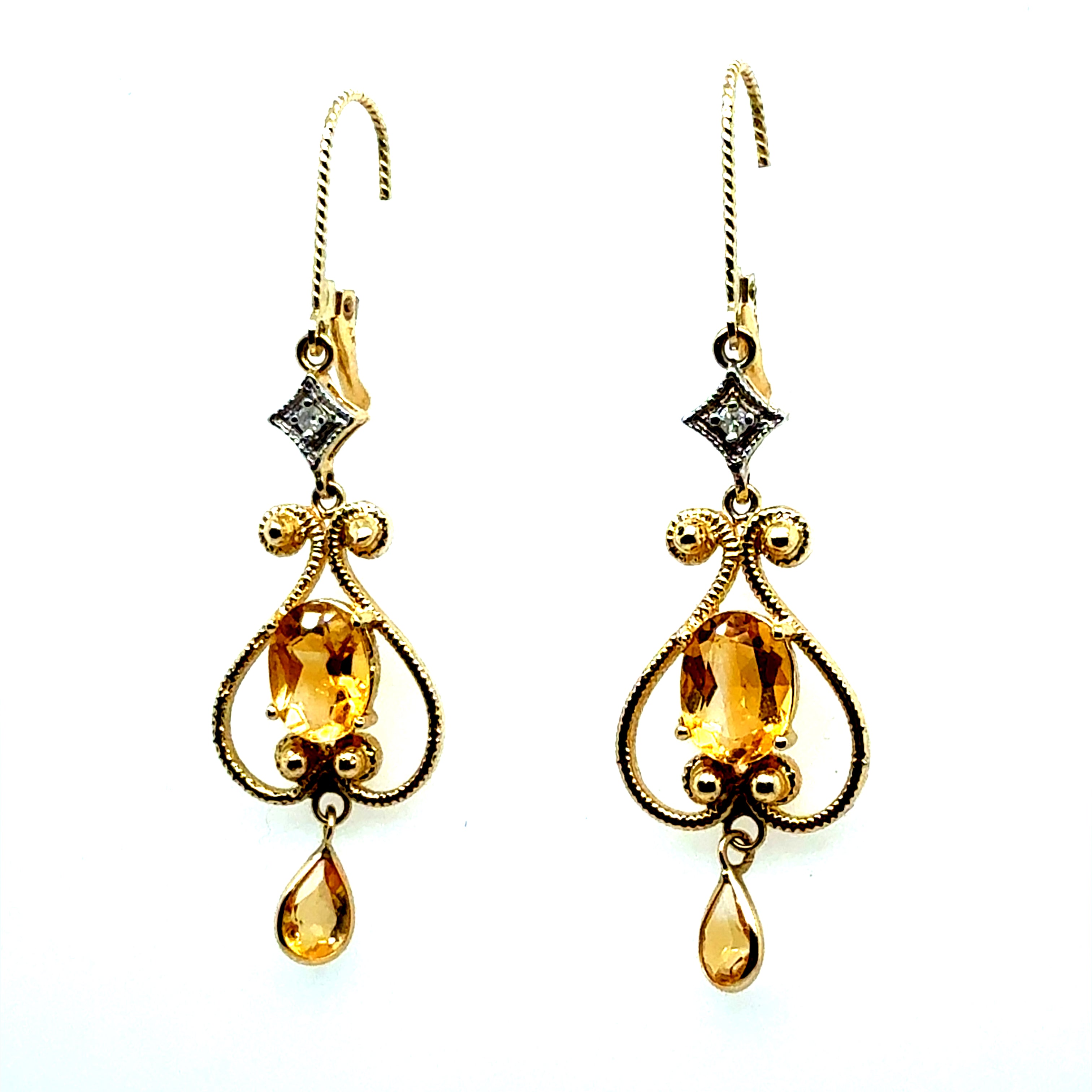 Modern Yellow Gold Natural Citrine Quartz and Diamond Drop Earrings