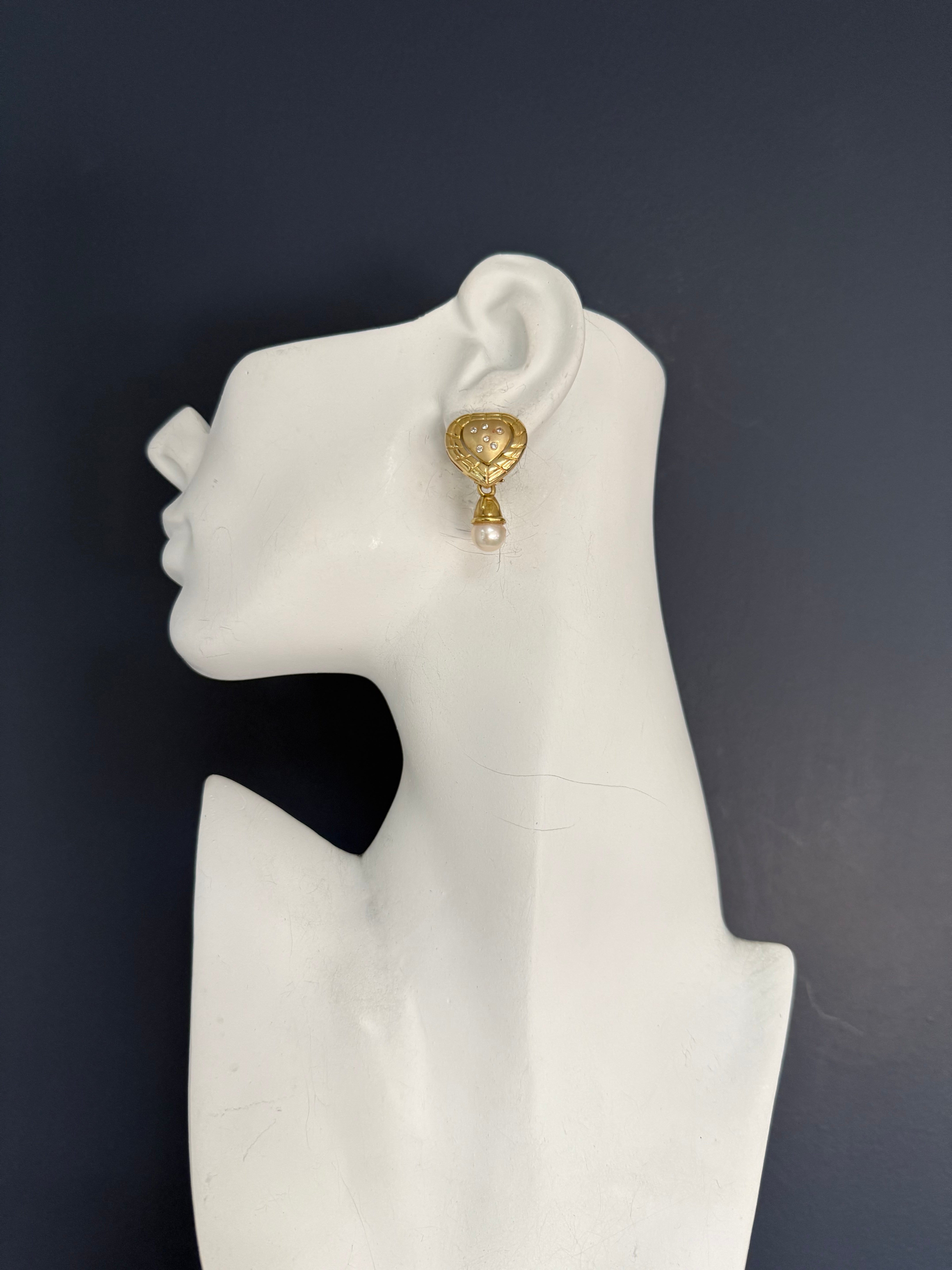 Retro Gold Natural Diamond & Pearl Heart Drop Statement Earrings Circa 1990
