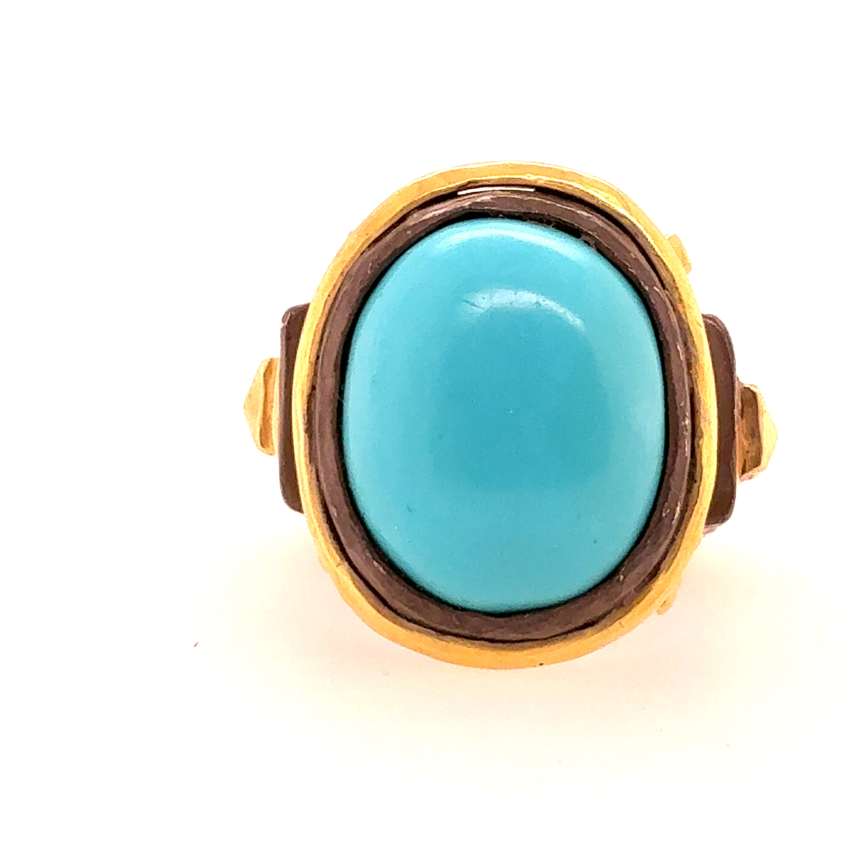Retro 18K Gold & Silver 16mm Turquoise Cab Statement Ring Circa 2000