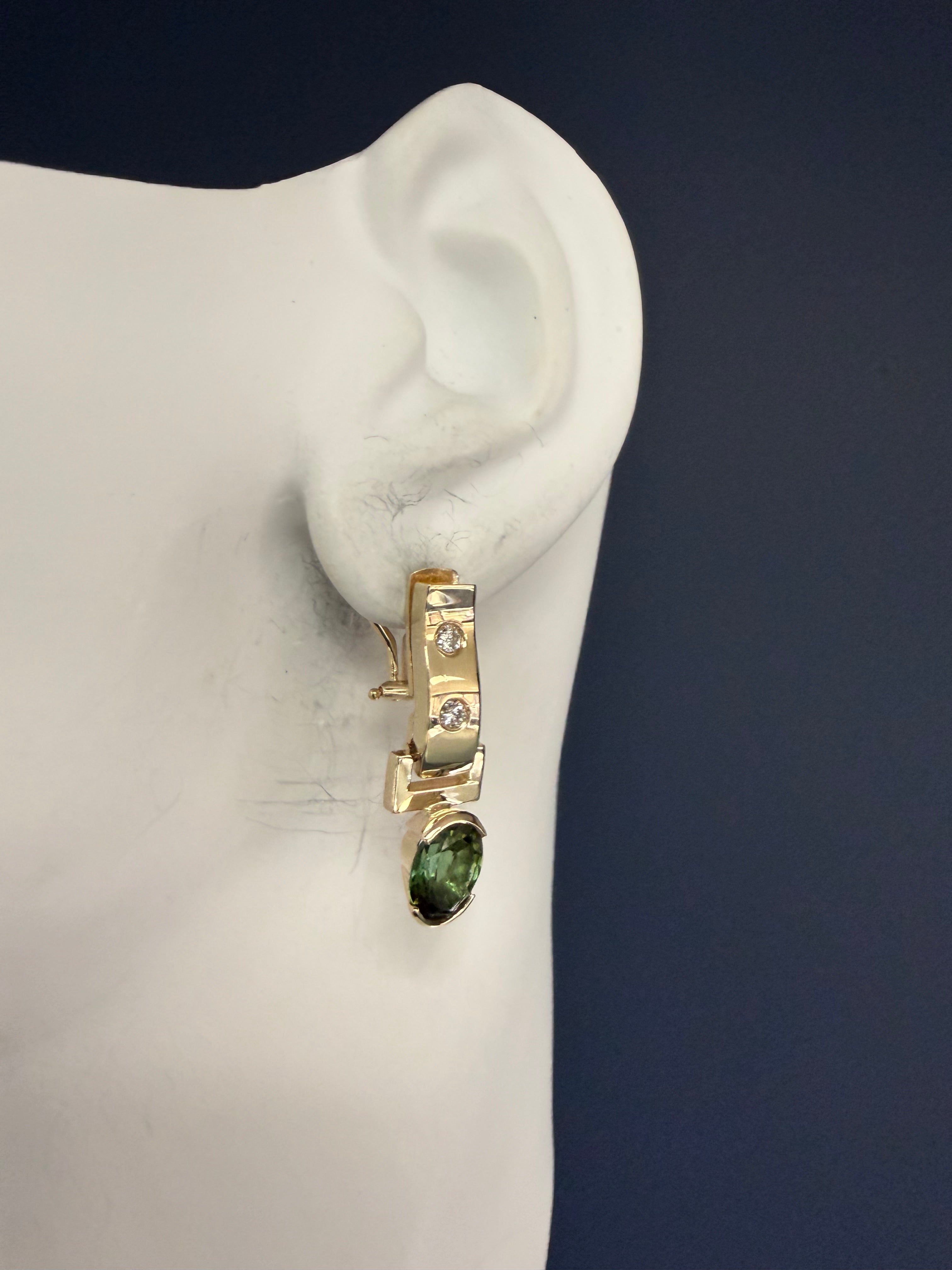 Retro Gold Natural Diamond and Green Tourmaline Detachable Earrings 1970