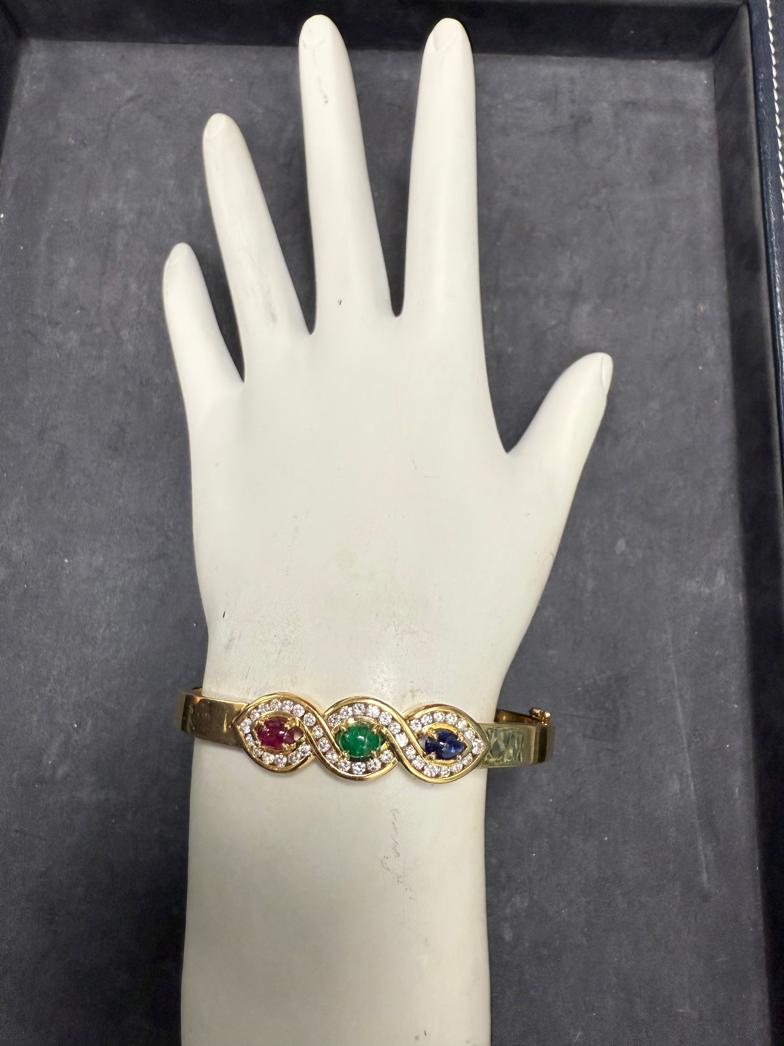 Retro Gold 1.2 CT Natural Diamond & Multicolor CAB Statement Bangle Circa 1980