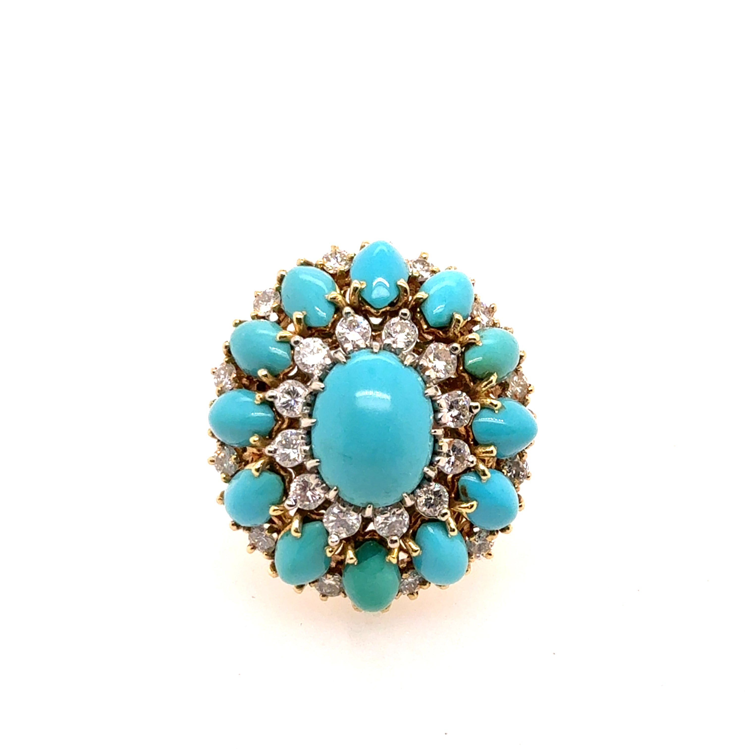 Retro Gold 1.1 CT Natural Diamond & Turquoise Cocktail Ring Circa 1960