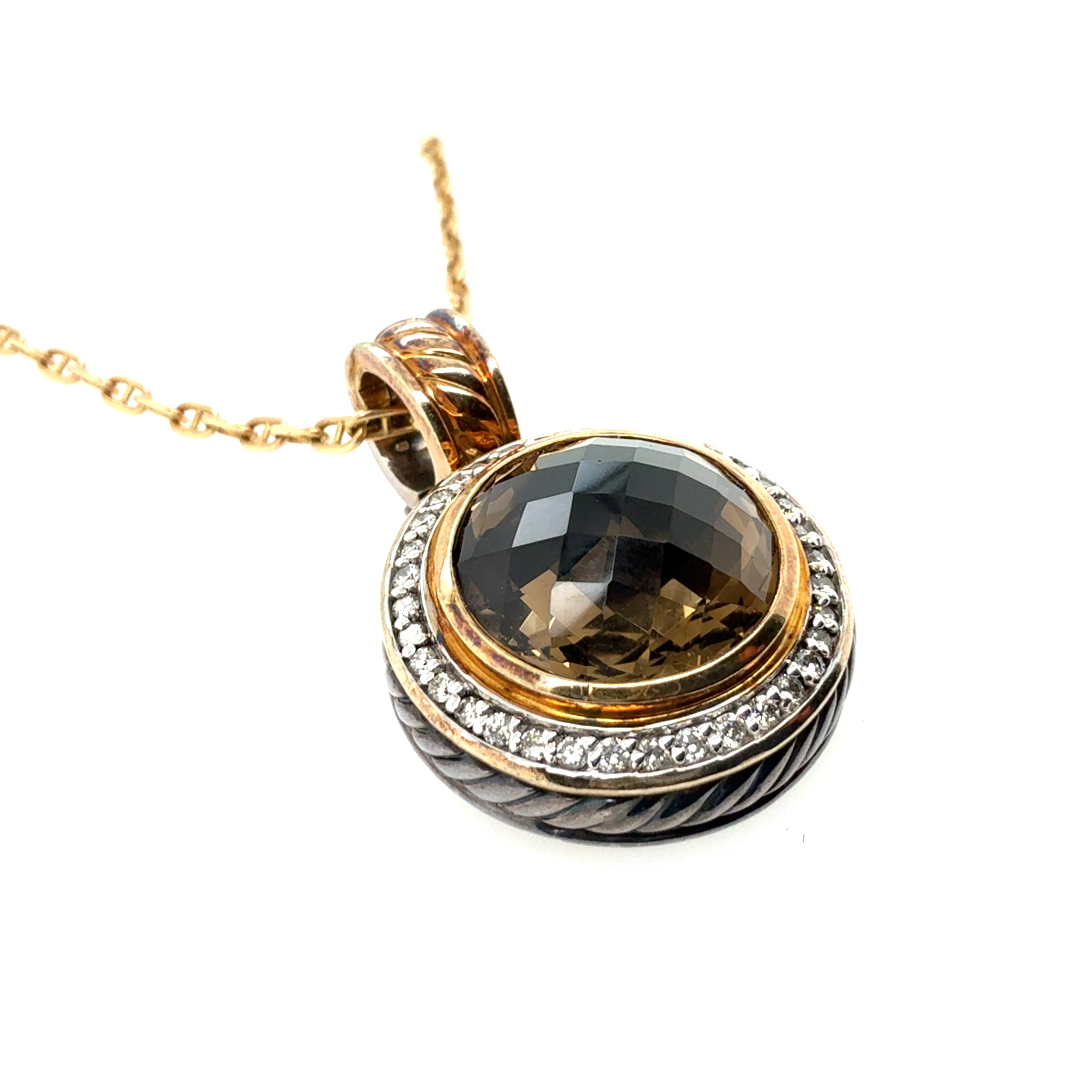 Modern Gold & Silver Natural Smoky Topaz & Diamond Pendant by David Yurman