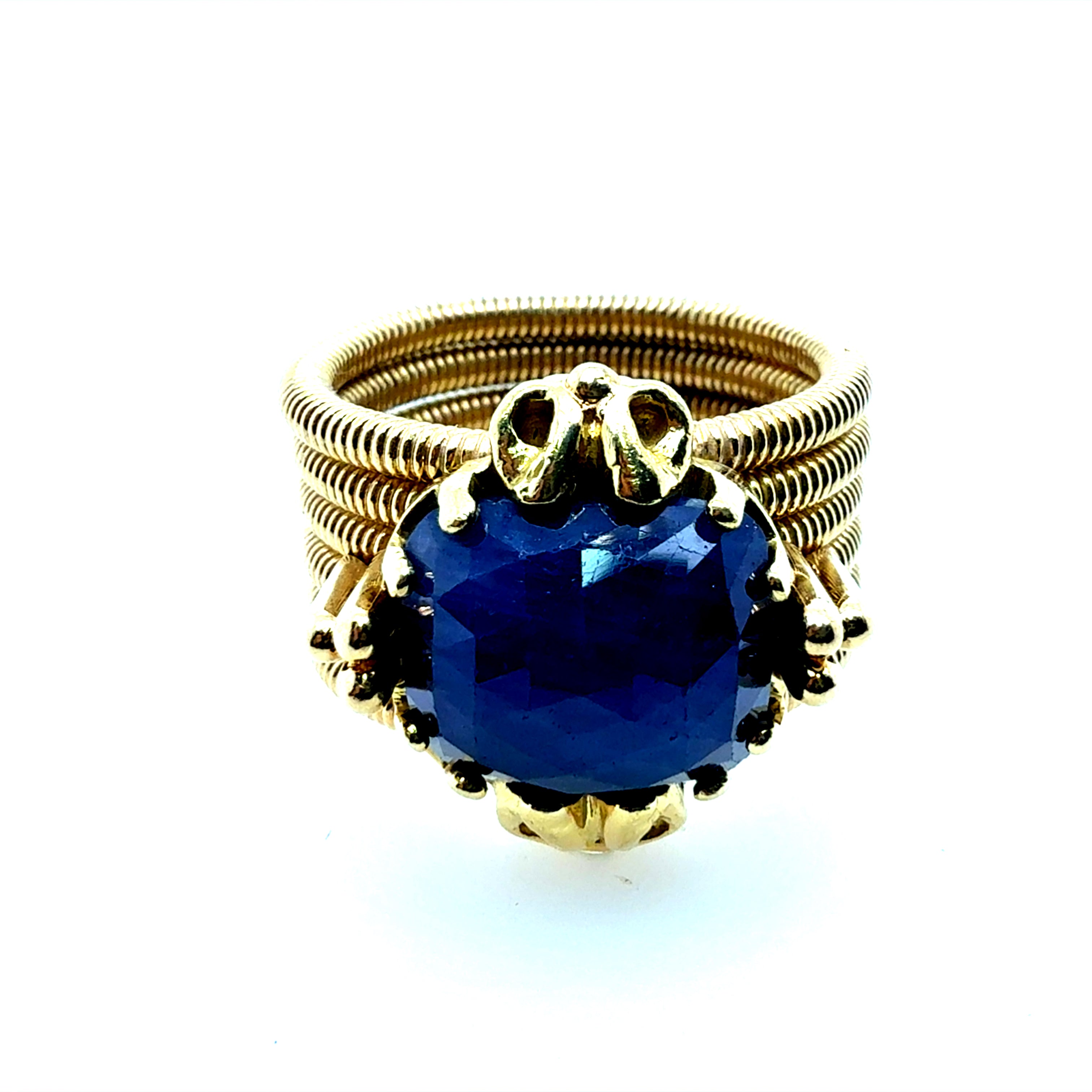 Retro Yellow Gold Natural 9 Carat Blue Rose Cut Sapphire Statement Ring