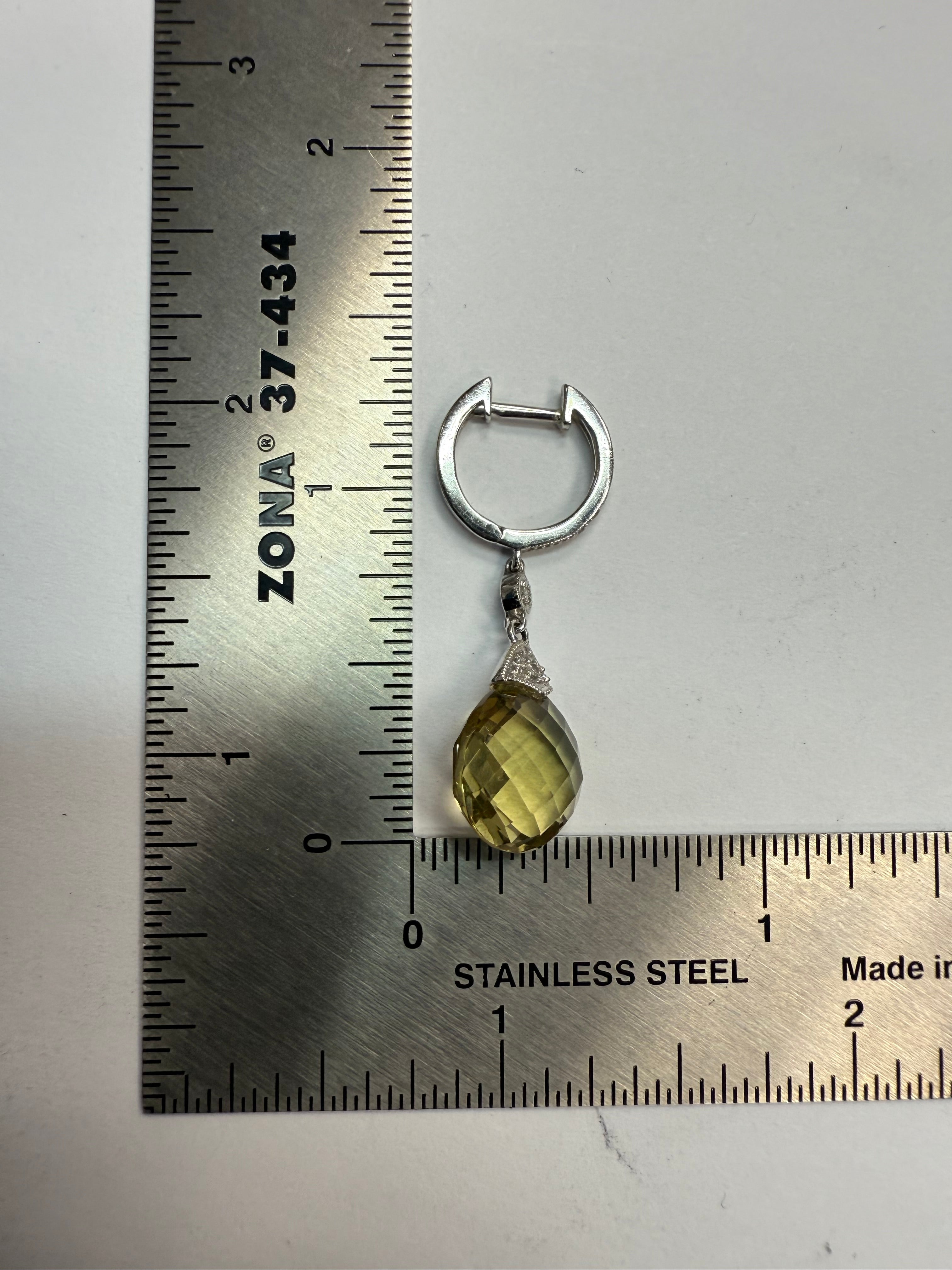 Modern 14K White Gold Rose-Cut Citrine Quartz and Natural Diamond Drop Earrings