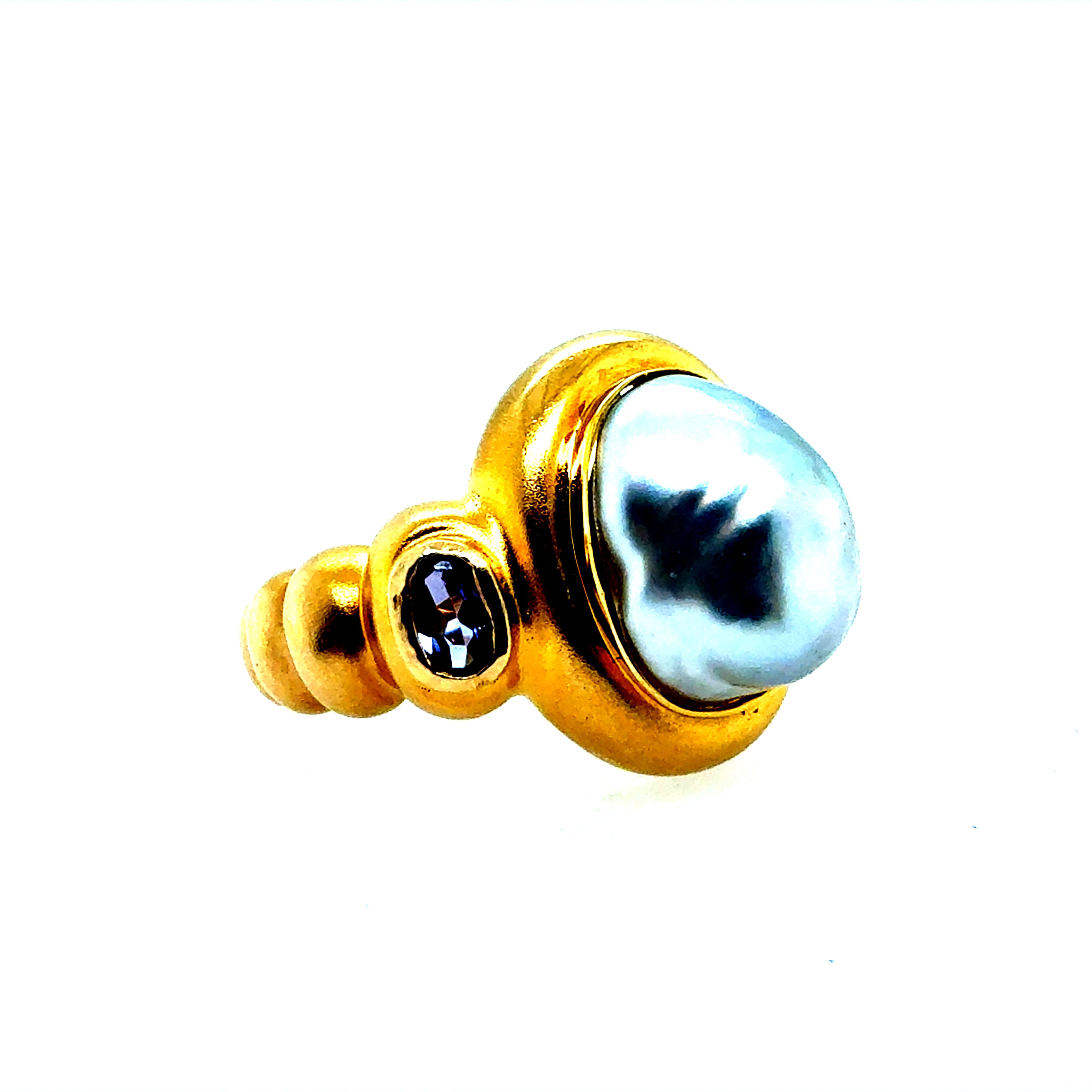 Retro Gold Baroque Gray Pearl Amethyst & Peridot Statement Ring Circa 2000