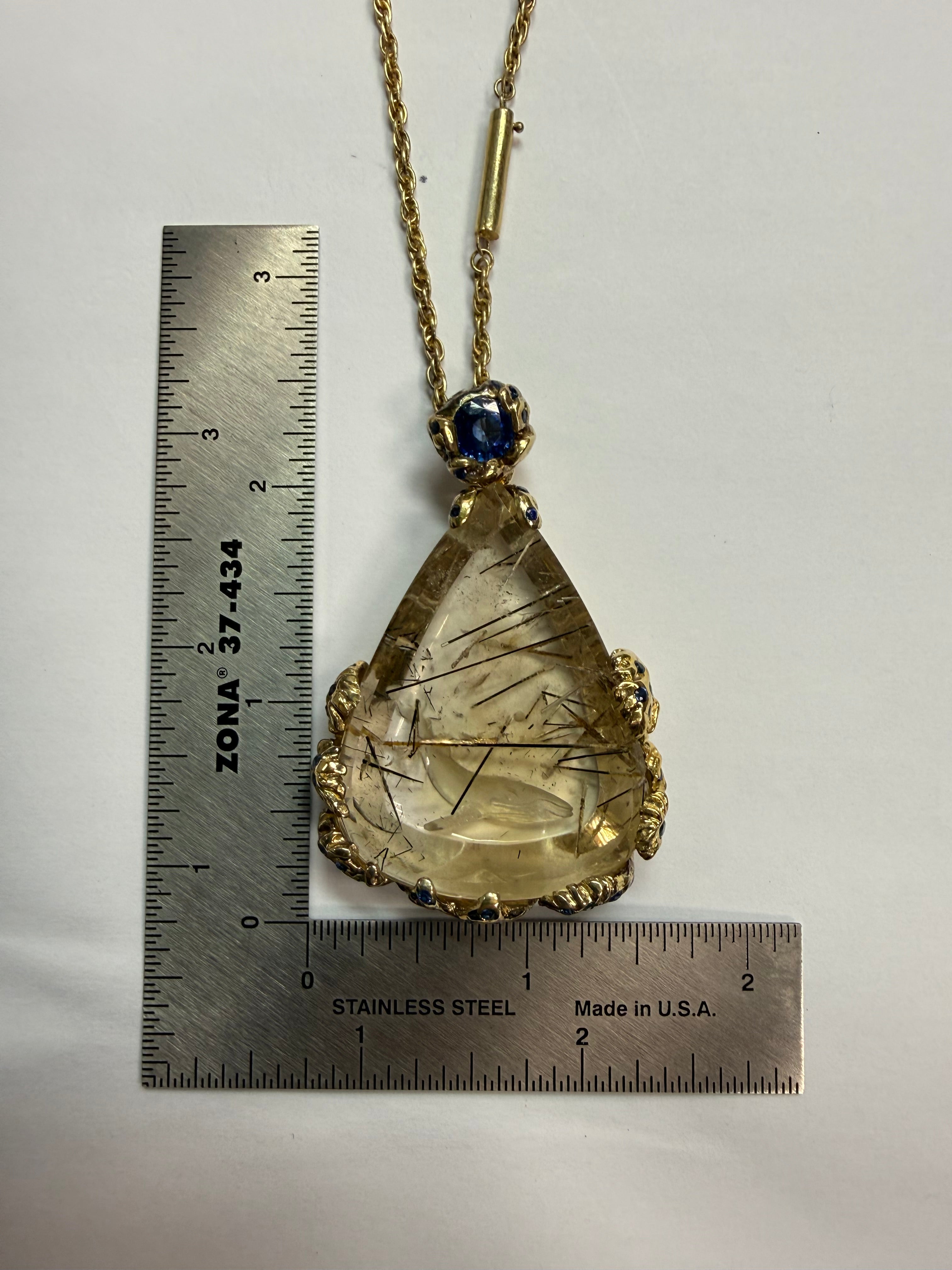 Retro 925 Silver Blue Sapphire, Quartz, Kyanite Statement Pendant by F. Barthe