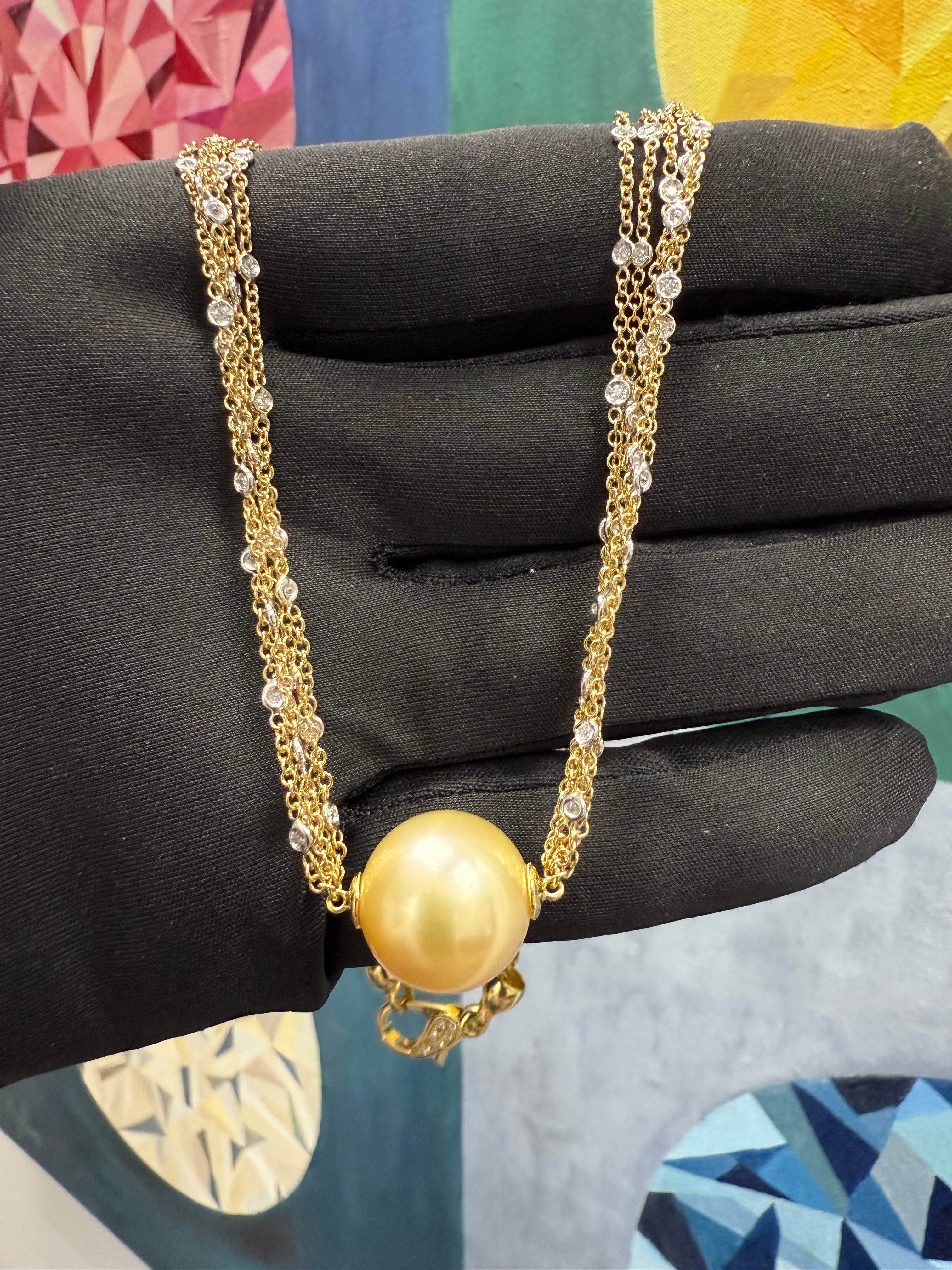 Modern Gold 1ct Diamond & 15mm Golden South Sea Pearl Necklace by HERCO
