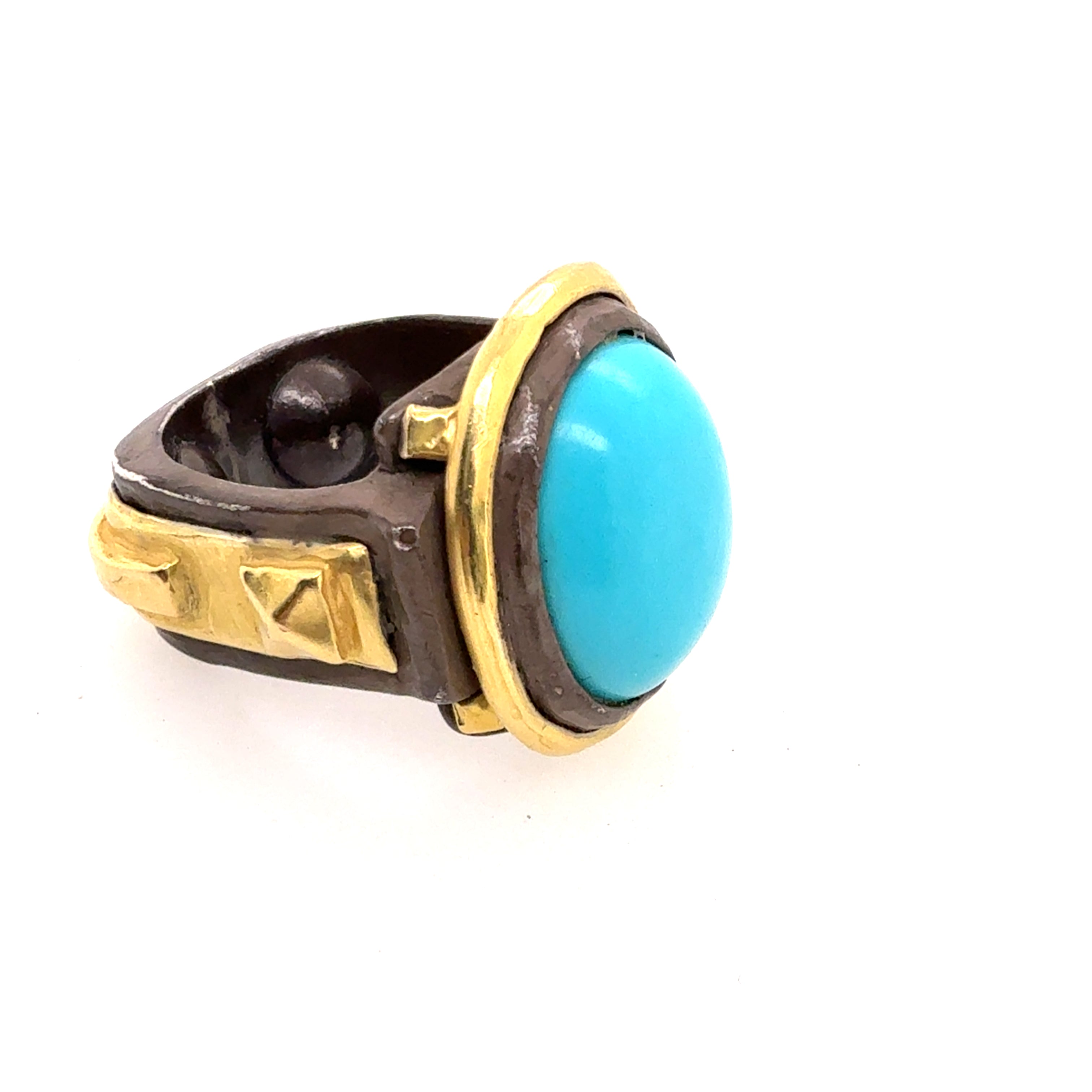 Retro 18K Gold & Silver 16mm Turquoise Cab Statement Ring Circa 2000