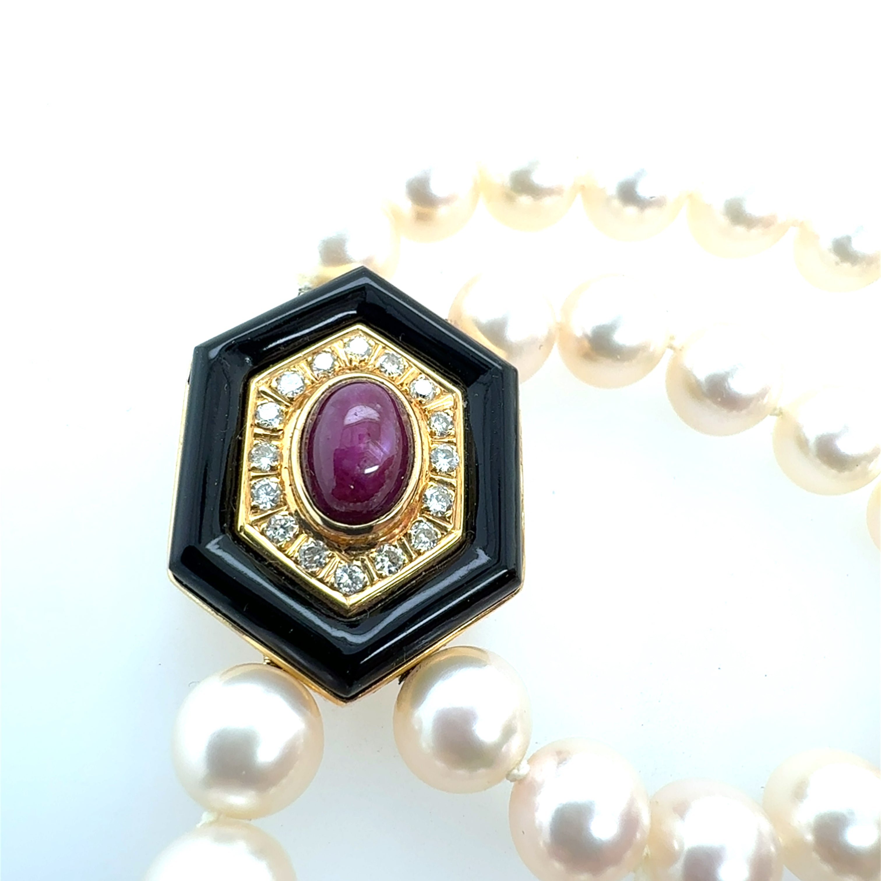 Retro Gold Double Row Pearl Onyx 0.4ct Natural Diamond Ruby CAB Necklace 1980