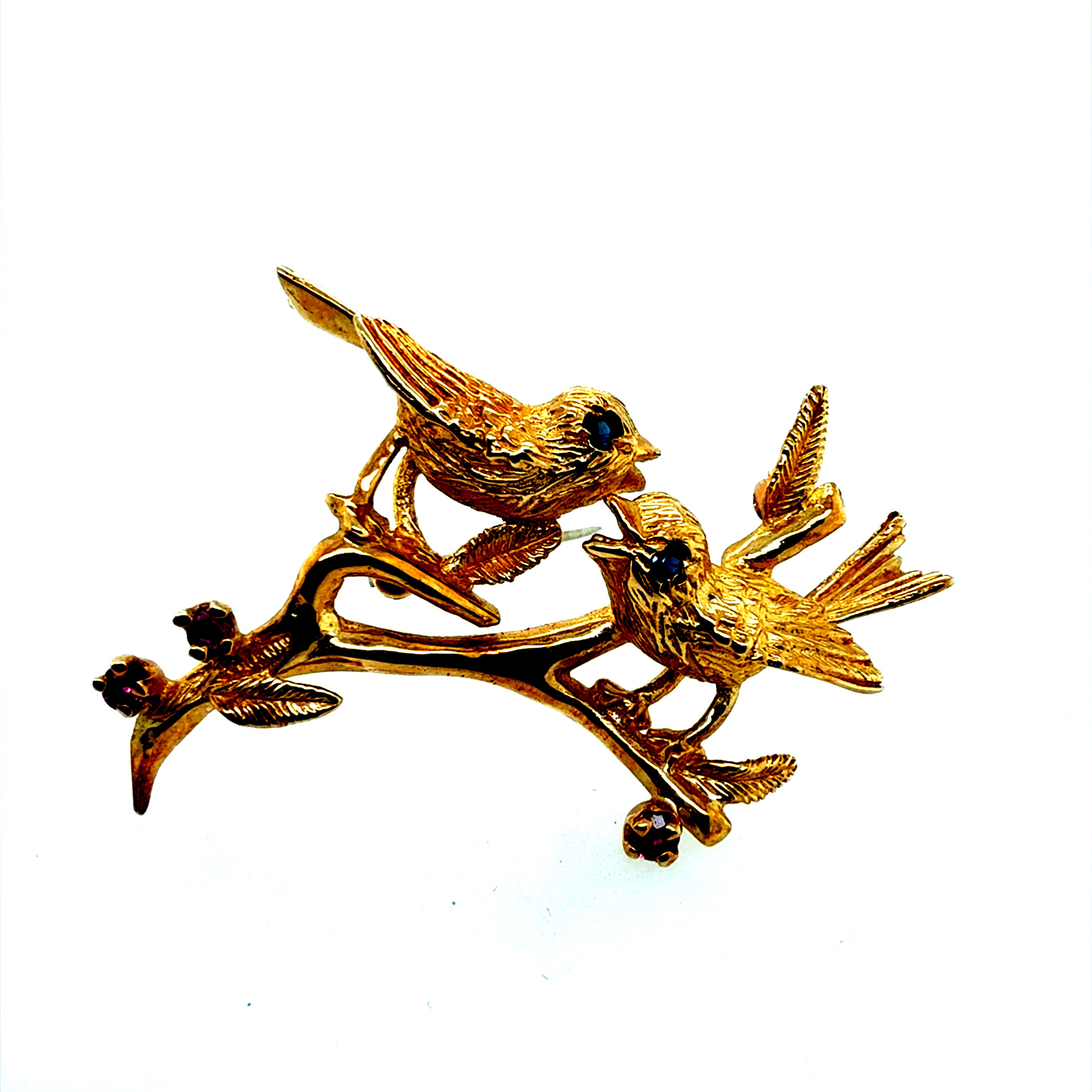 Retro Yellow Gold Birds on a Branch Gem Brooch Circa 1985
