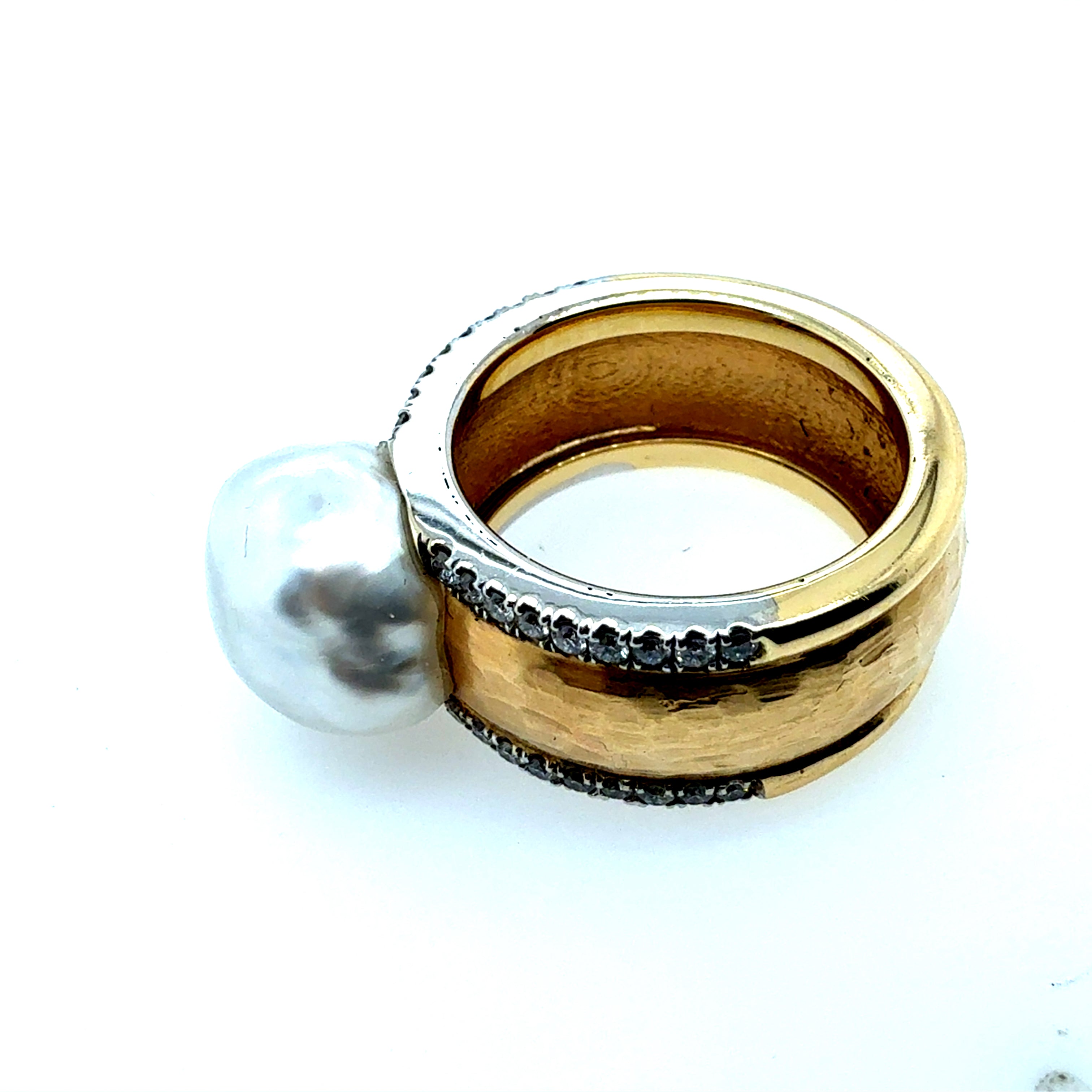 Retro Two-Tone Gold Natural Diamond & South Sea Pearl Statement Ring Circa 1980s