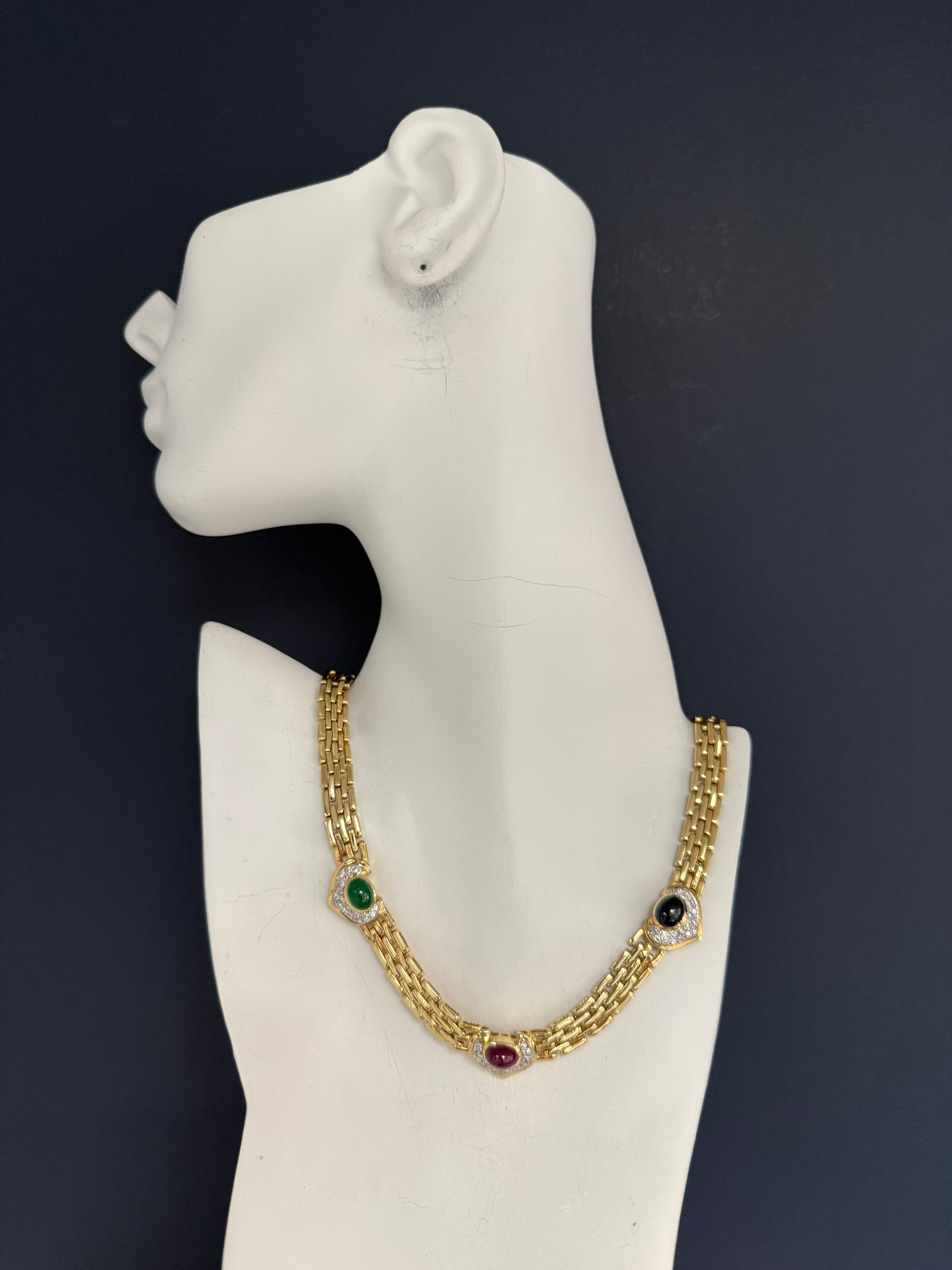 Retro Gold 8 CT Diamond and Multicolor Cabochon Statement Necklace Circa 1980